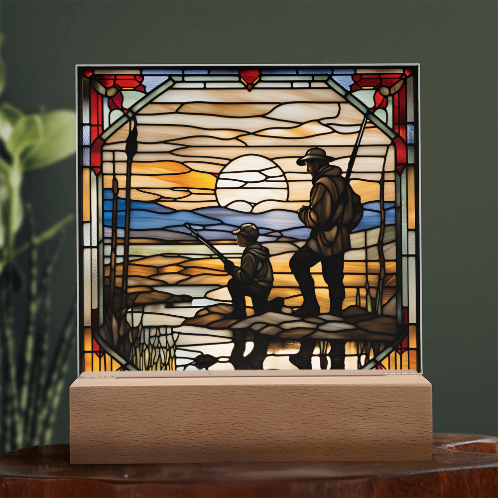 Father and Son Duck Hunting - Stained Glass Style LED Acrylic Plaque – A Meaningful Gift for Hunters and Outdoorsmen - Mallard Moon Gift Shop