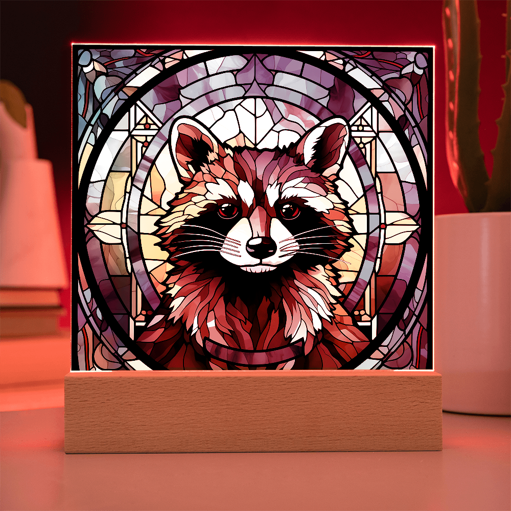 Stained Glass Raccoon Acrylic LED Light Plaque – Custom Animal Art Gift with Wooden Base - Mallard Moon Gift Shop