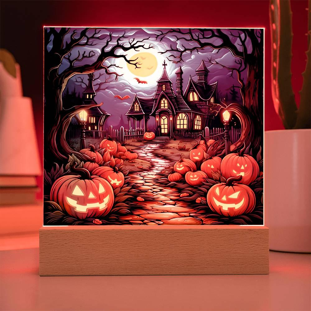 Halloween Decor Haunted Mansion Acrylic Square Plaque with LED Wooden Base - Mallard Moon Gift Shop
