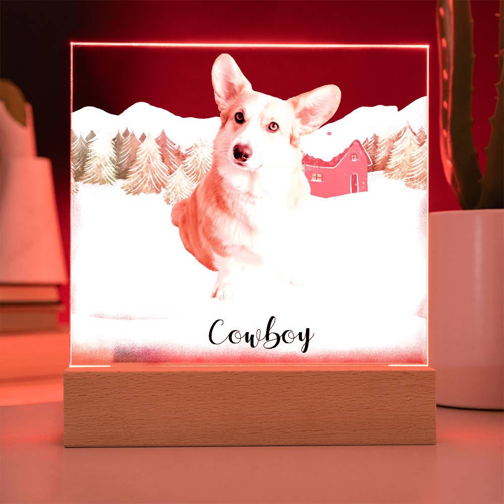 Pet Personalized Holiday Photo Upload Acrylic Plaque with Lighted LED Wooden Base - Mallard Moon Gift Shop