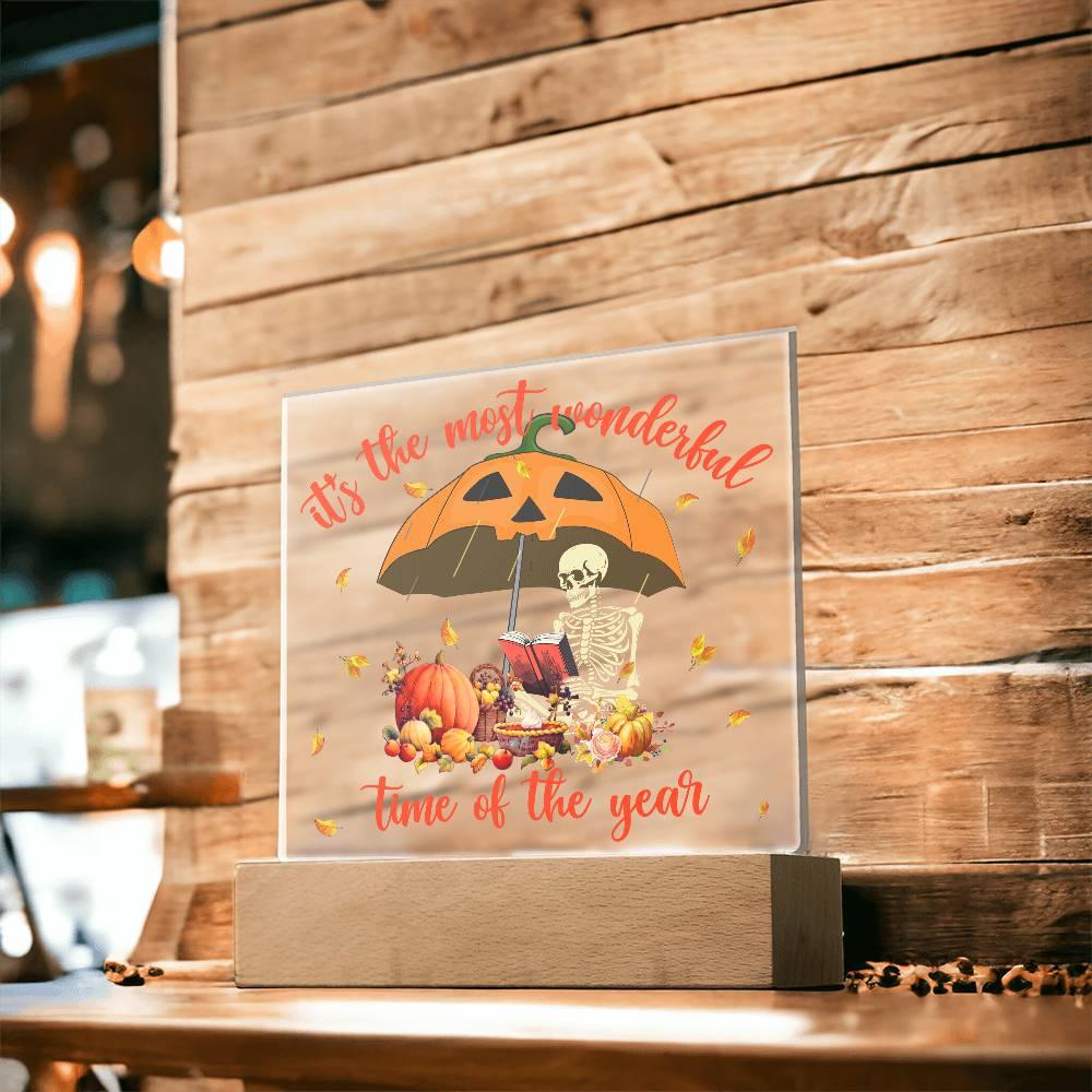 Halloween Decor - Most Wonderful Time of The Year Acrylic Square Plaque with LED Wooden Base - Mallard Moon Gift Shop