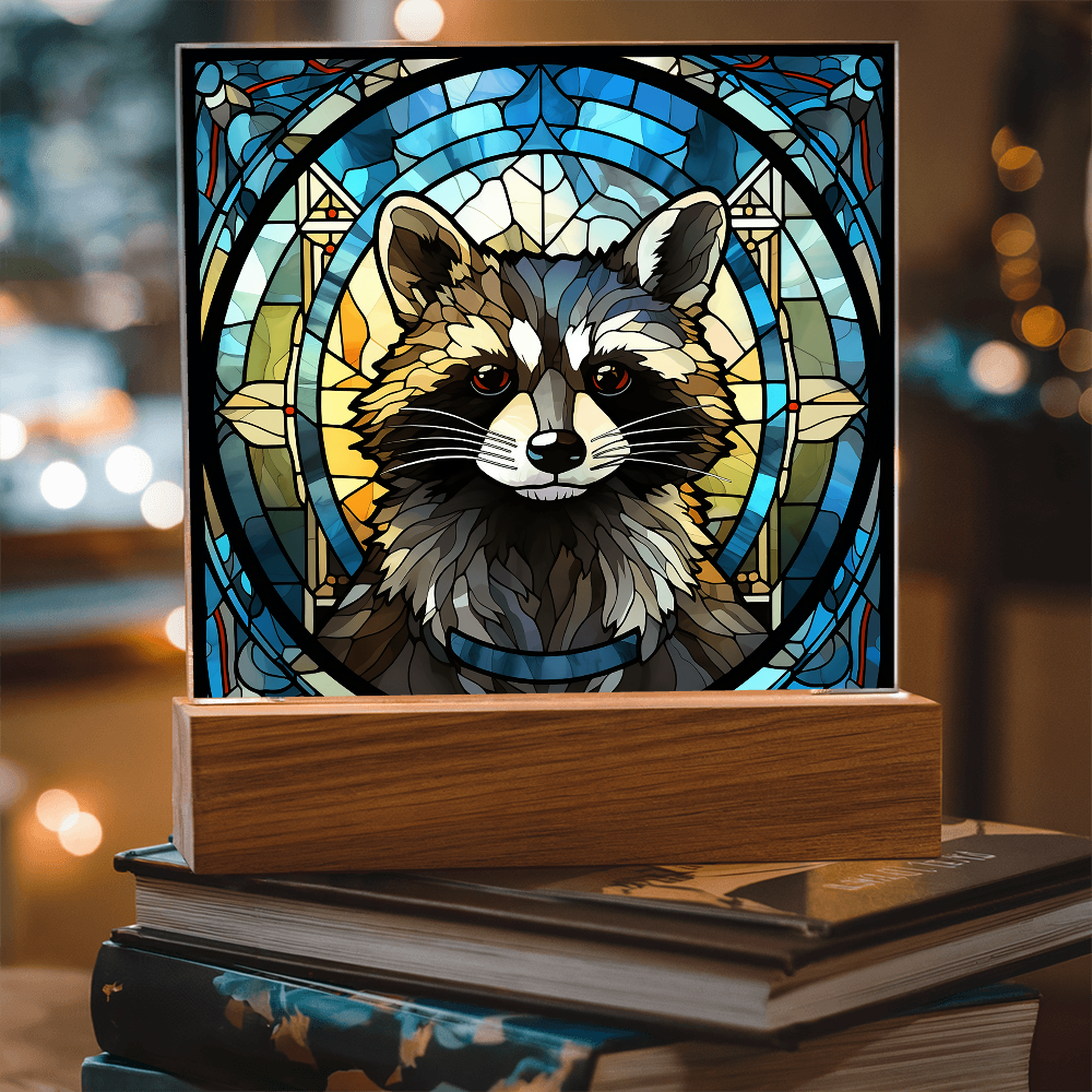 Stained Glass Raccoon Acrylic LED Light Plaque – Custom Animal Art Gift with Wooden Base - Mallard Moon Gift Shop