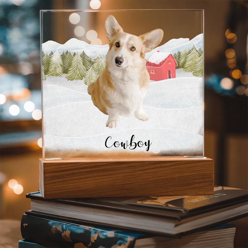 Pet Personalized Holiday Photo Upload Acrylic Plaque with Lighted LED Wooden Base - Mallard Moon Gift Shop