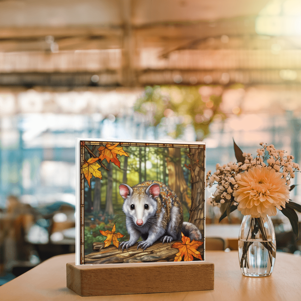 North American Opossum LED Acrylic Plaque – Autumn Forest Scene – Wooden Base (Battery or Corded) - Mallard Moon Gift Shop