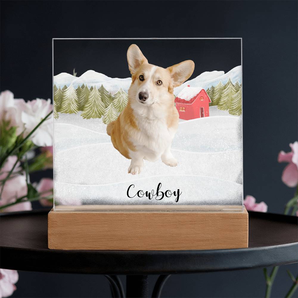 Pet Personalized Holiday Photo Upload Acrylic Plaque with Lighted LED Wooden Base - Mallard Moon Gift Shop