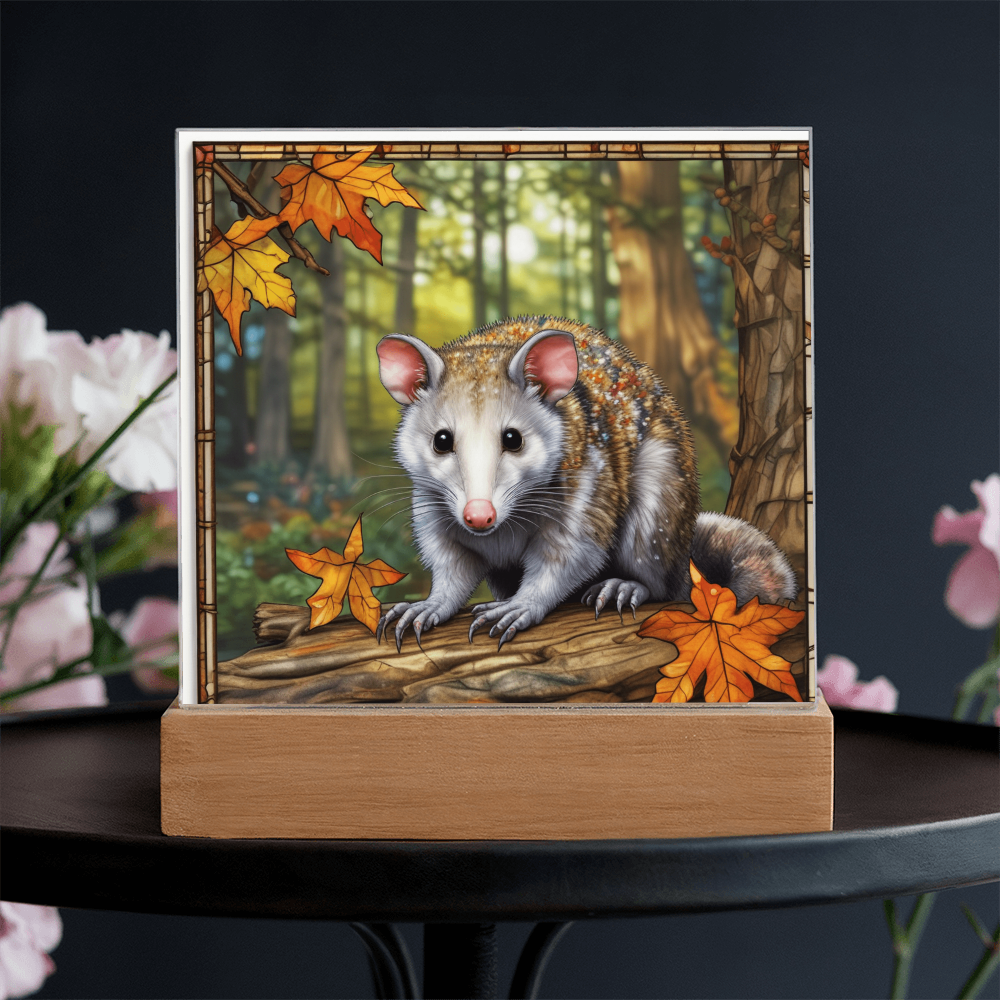 North American Opossum LED Acrylic Plaque – Autumn Forest Scene – Wooden Base (Battery or Corded) - Mallard Moon Gift Shop