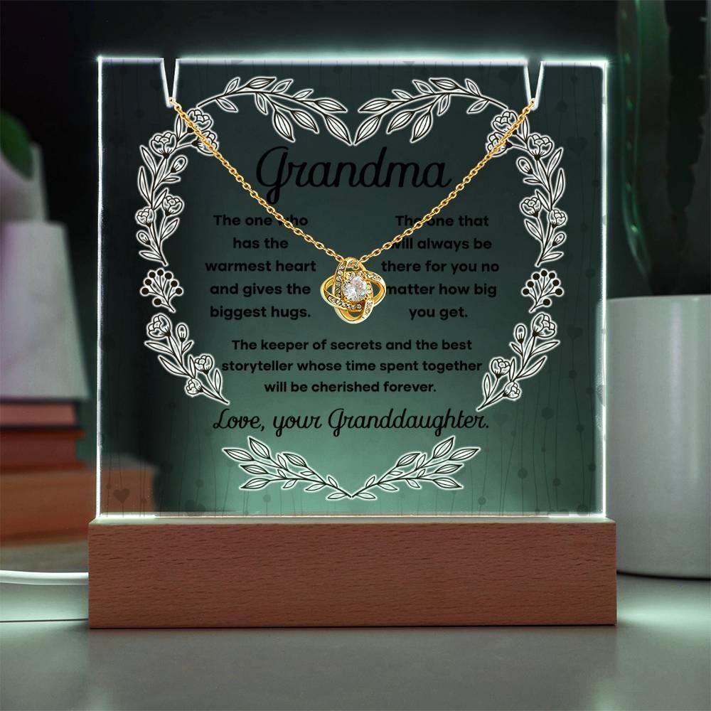 Grandmother - Biggest Hugs, The Keeper of Secrets - Keepsake Acrylic Plaque with Love Knot Necklace - Mallard Moon Gift Shop