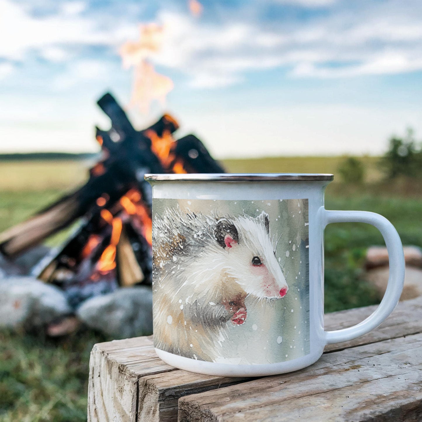 Opossum Camper Mug – 12oz Stainless Stee Mug with Enamel Coating Watercolor Possum Winter Design Camping Mug - Mallard Moon Gift Shop