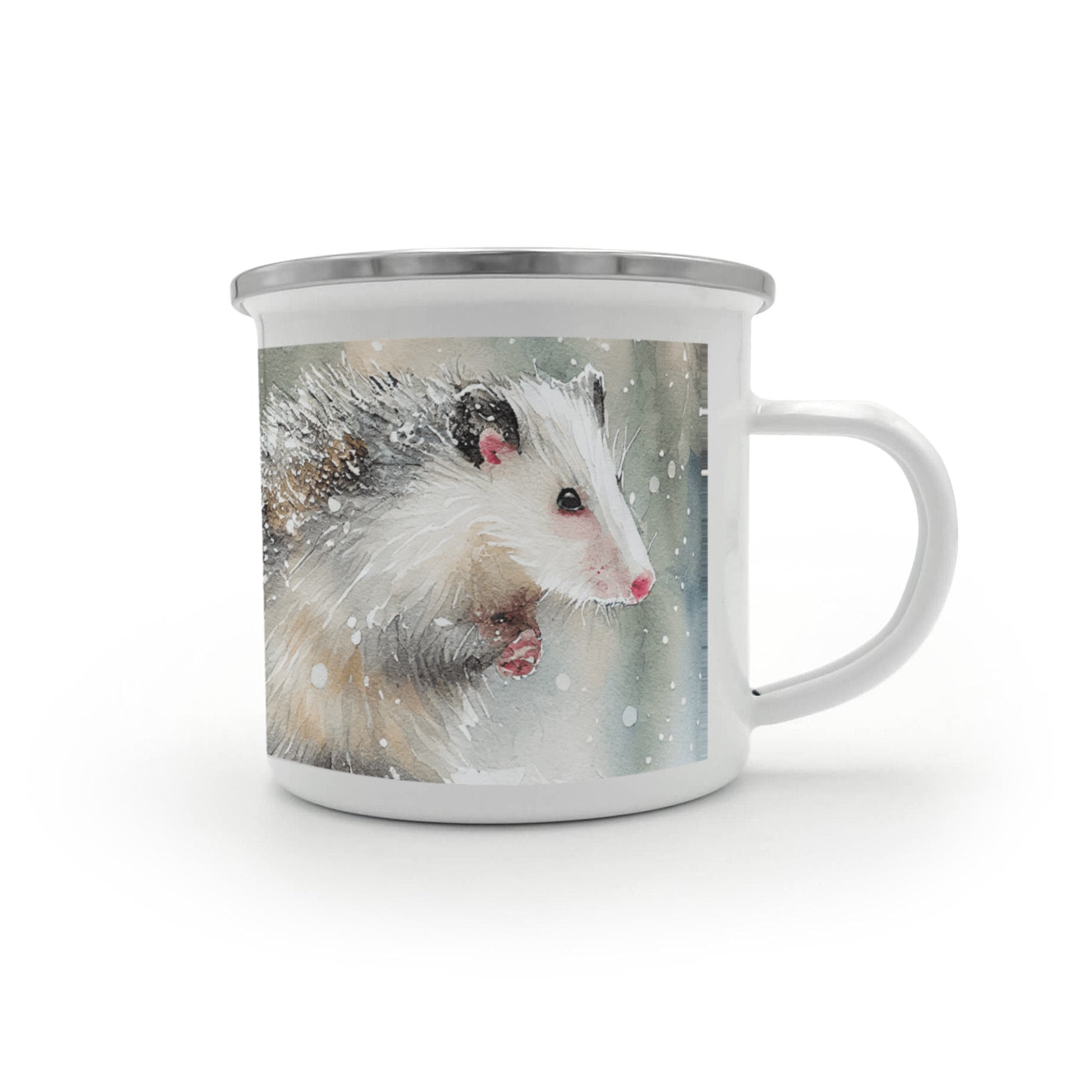 Opossum Camper Mug – 12oz Stainless Stee Mug with Enamel Coating Watercolor Possum Winter Design Camping Mug - Mallard Moon Gift Shop