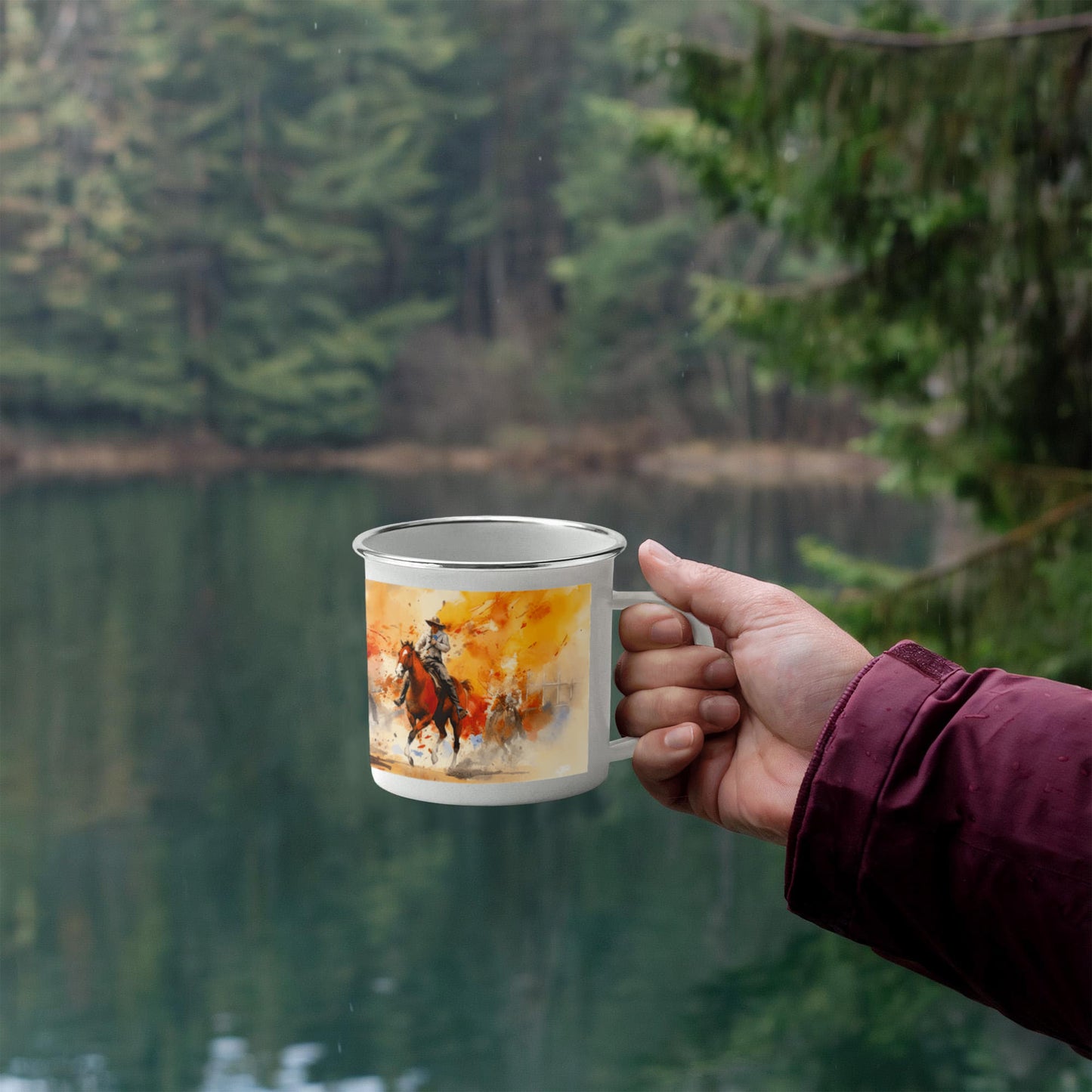 Texas Rodeo Cowboy Enamel Camping Mug – 12oz – Rustic Western Coffee Cup for Outdoor Adventures & Lone Star State Lovers - Mallard Moon Gift Shop