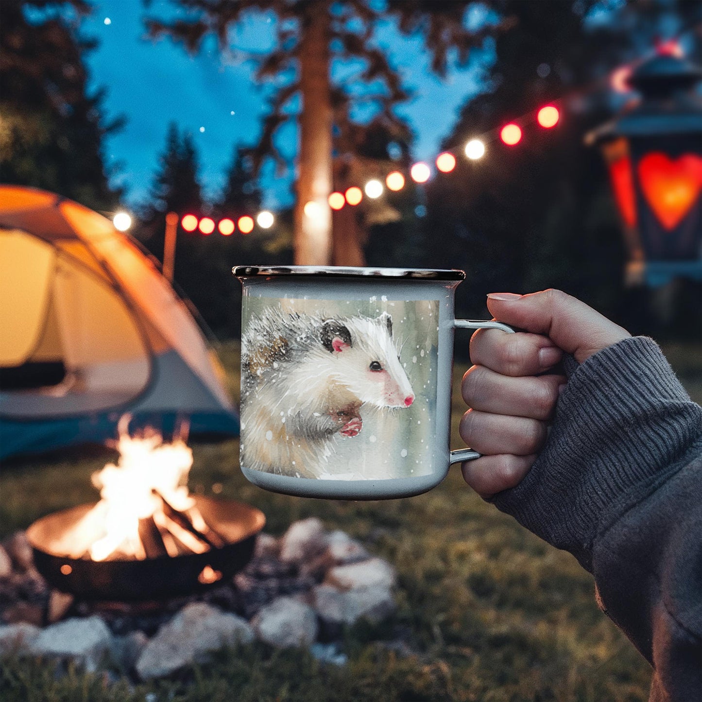 Opossum Camper Mug – 12oz Stainless Stee Mug with Enamel Coating Watercolor Possum Winter Design Camping Mug - Mallard Moon Gift Shop