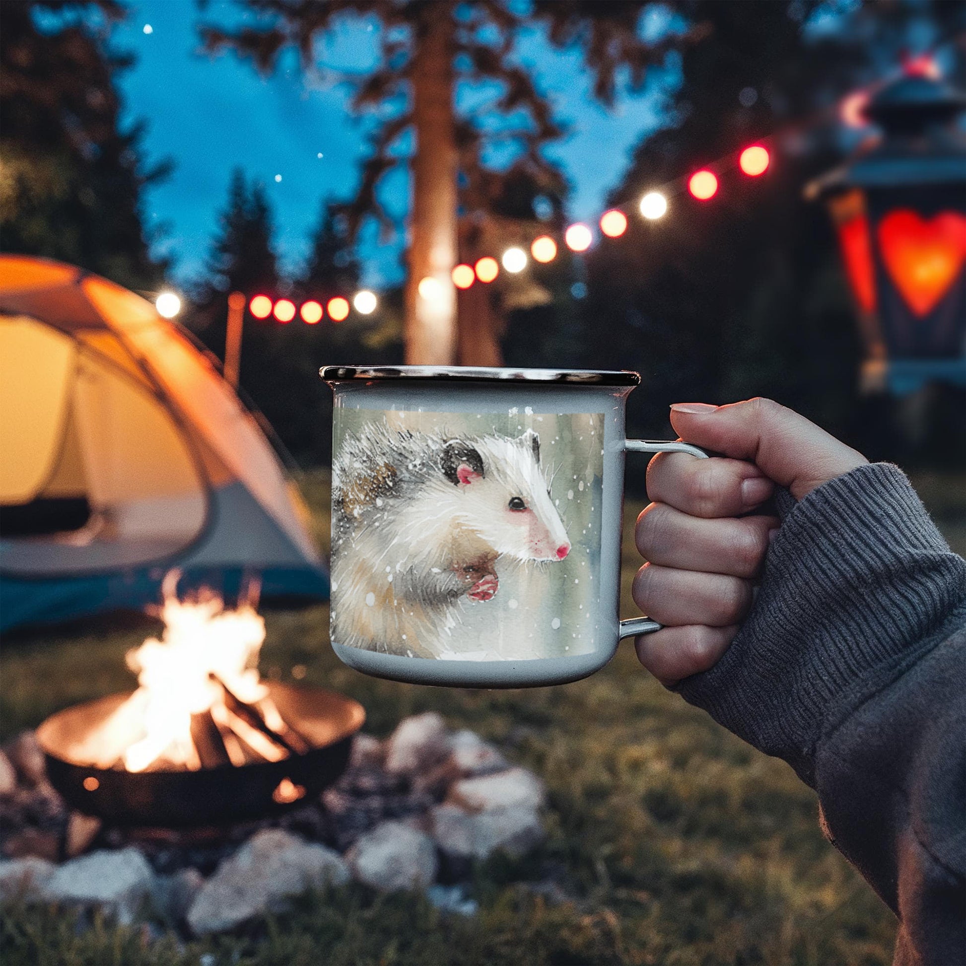 Opossum Camper Mug – 12oz Stainless Stee Mug with Enamel Coating Watercolor Possum Winter Design Camping Mug - Mallard Moon Gift Shop
