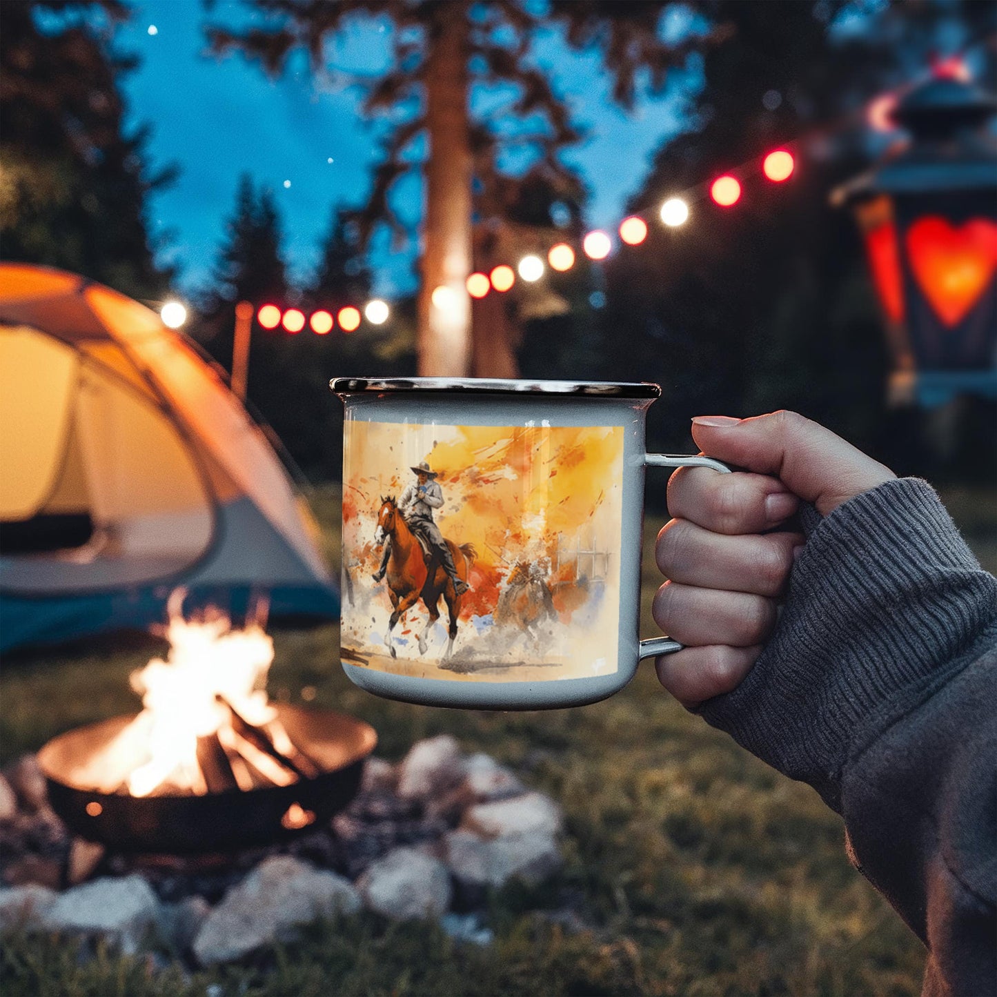 Texas Rodeo Cowboy Enamel Camping Mug – 12oz – Rustic Western Coffee Cup for Outdoor Adventures & Lone Star State Lovers - Mallard Moon Gift Shop