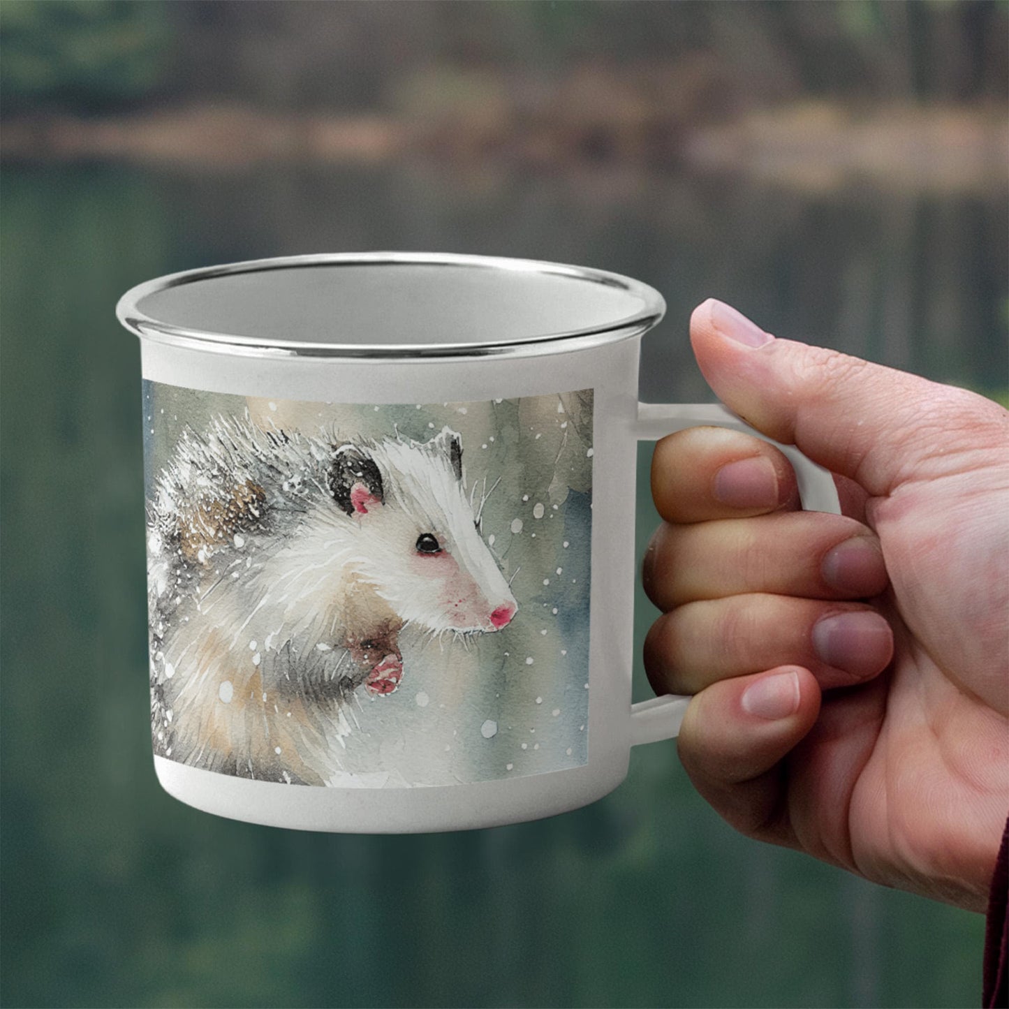 Opossum Camper Mug – 12oz Stainless Stee Mug with Enamel Coating Watercolor Possum Winter Design Camping Mug - Mallard Moon Gift Shop