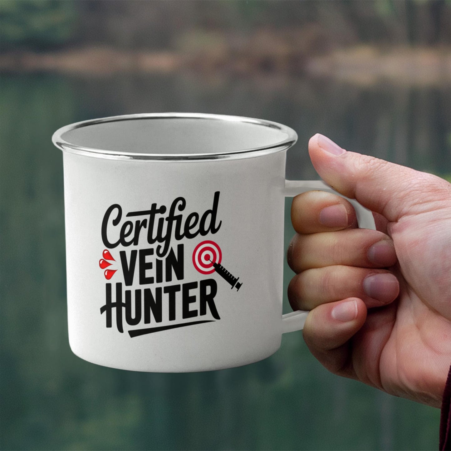 Certified Vein Hunter Camping Mug – Funny Phlebotomist Gift for Lab Techs, Nurses & Healthcare Workers - Mallard Moon Gift Shop