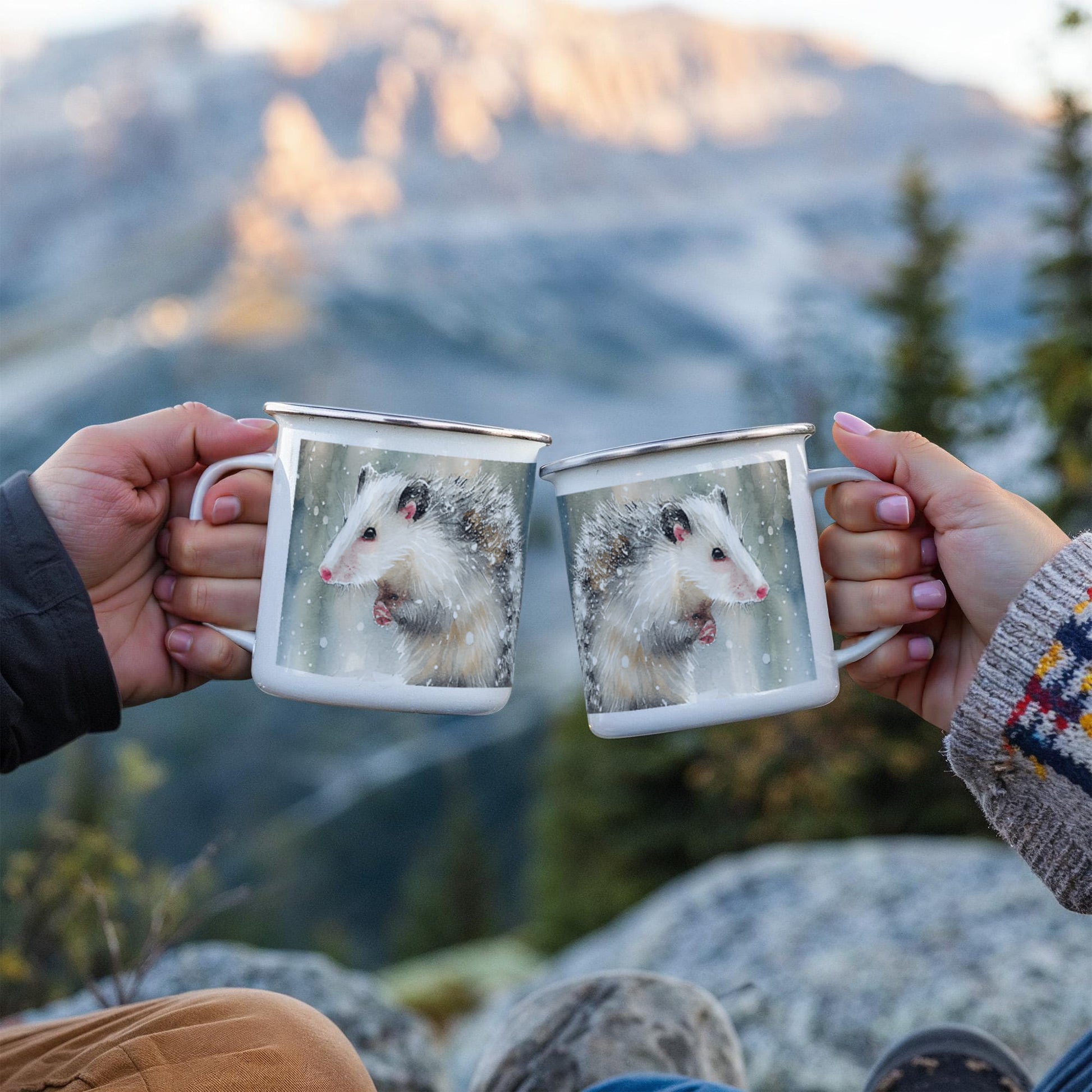 Opossum Camper Mug – 12oz Stainless Stee Mug with Enamel Coating Watercolor Possum Winter Design Camping Mug - Mallard Moon Gift Shop
