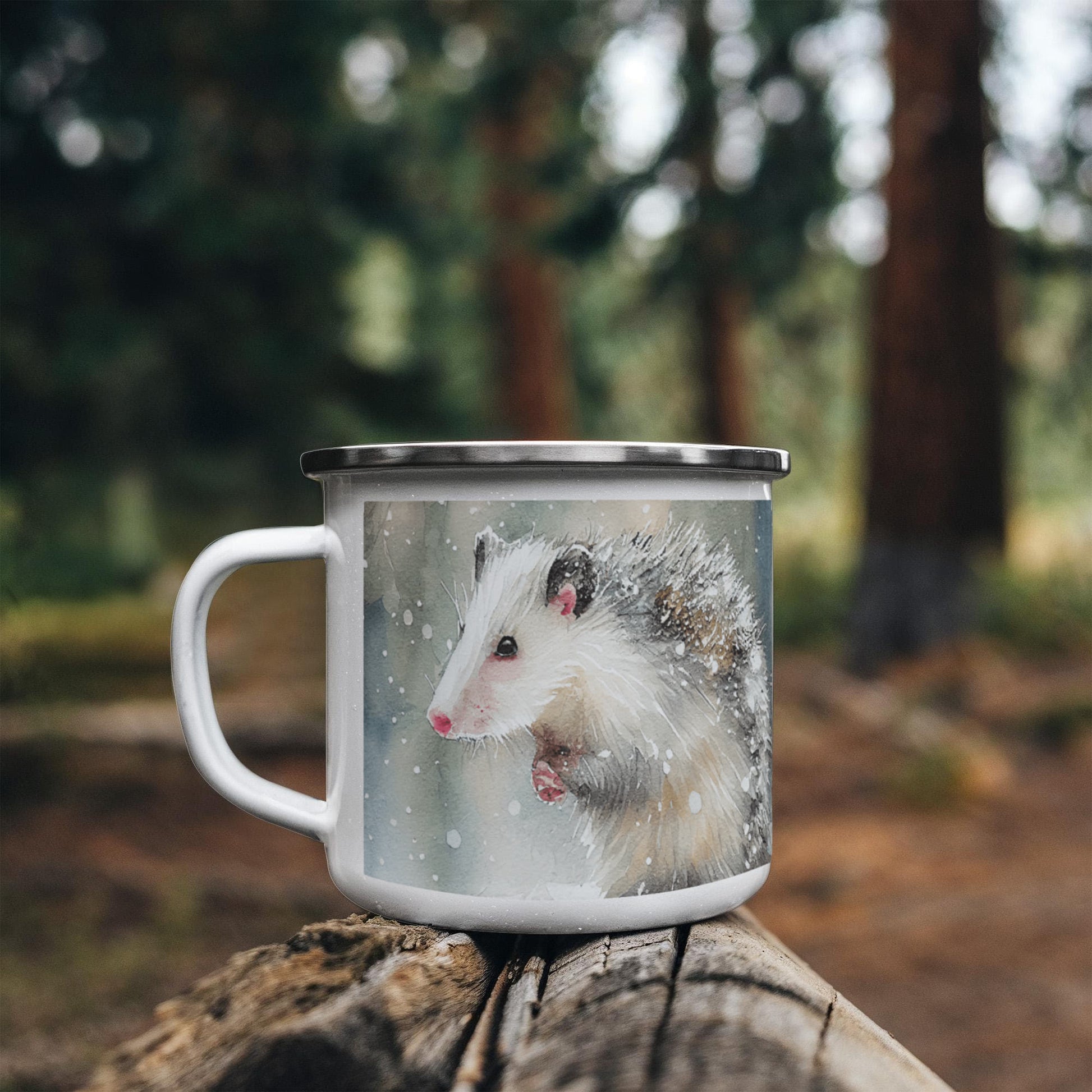 Opossum Camper Mug – 12oz Stainless Stee Mug with Enamel Coating Watercolor Possum Winter Design Camping Mug - Mallard Moon Gift Shop
