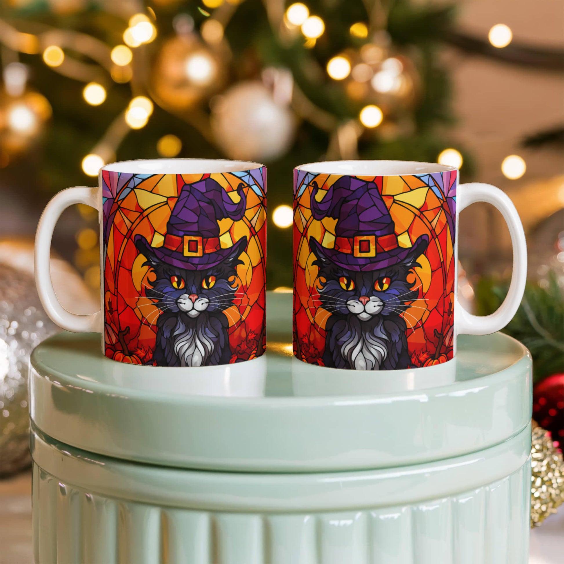 Halloween Black Cat Witch Stained Glass Mug – Spooky Fall Coffee Cup for Cat Lovers | Mallard Moon Gift Shop - Mallard Moon