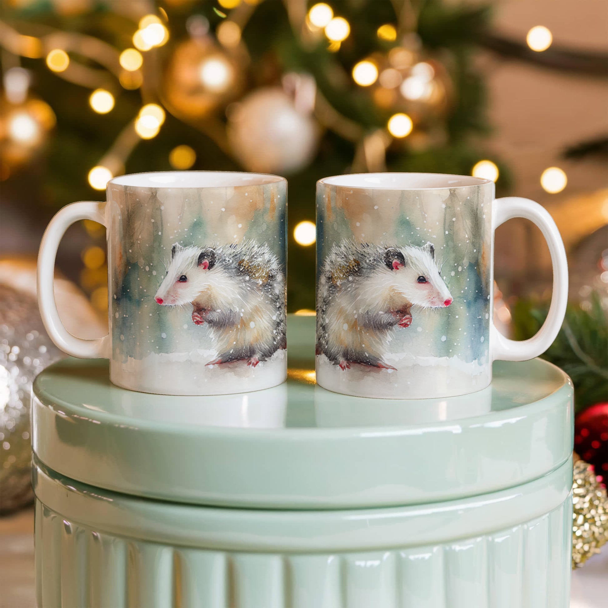 Opossum Coffee Mug – White Ceramic Mug with Possum Winter Watercolor Design | 11oz & 15oz Sizes - Mallard Moon Gift Shop