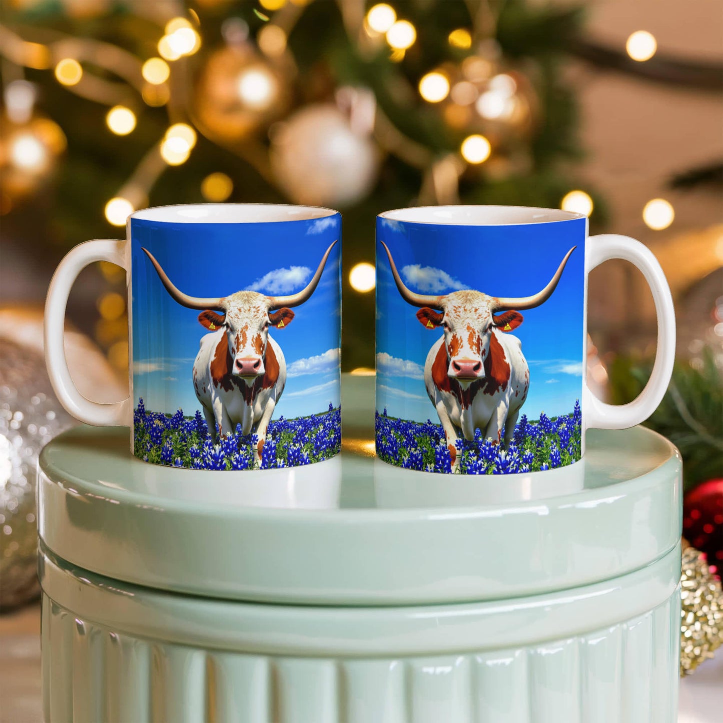 Texas Longhorn in Bluebonnet Field Ceramic Mug – 11oz & 15oz Coffee Cup - Western, Ranch, and Texan Pride - Mallard Moon Gift Shop