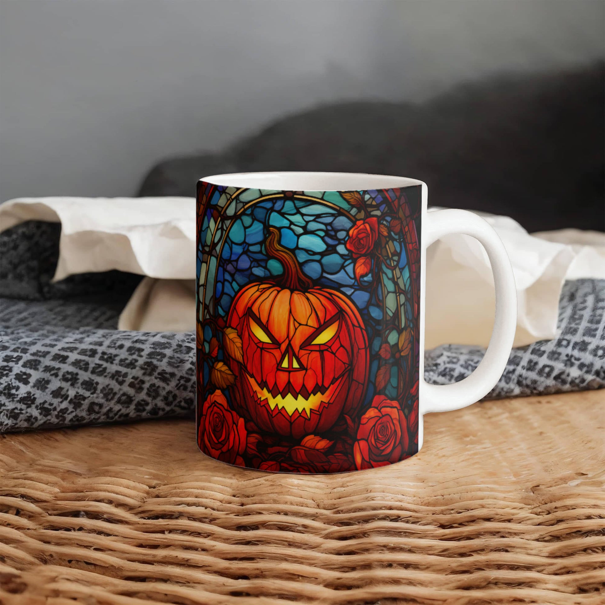 Stained Glass Pumpkin Halloween Mug โ Vibrant Jack-O'-Lantern Coffee Cup | Fall Drinkware - Mallard Moon