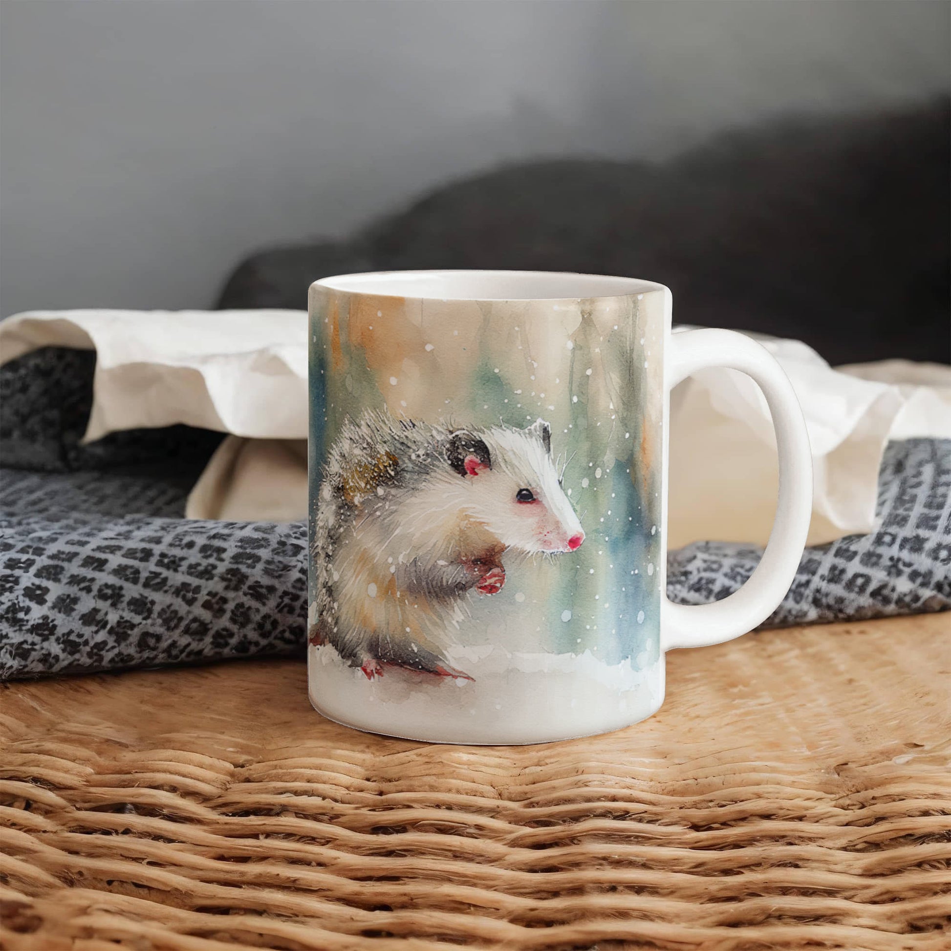 Opossum Coffee Mug – White Ceramic Mug with Possum Winter Watercolor Design | 11oz & 15oz Sizes - Mallard Moon Gift Shop