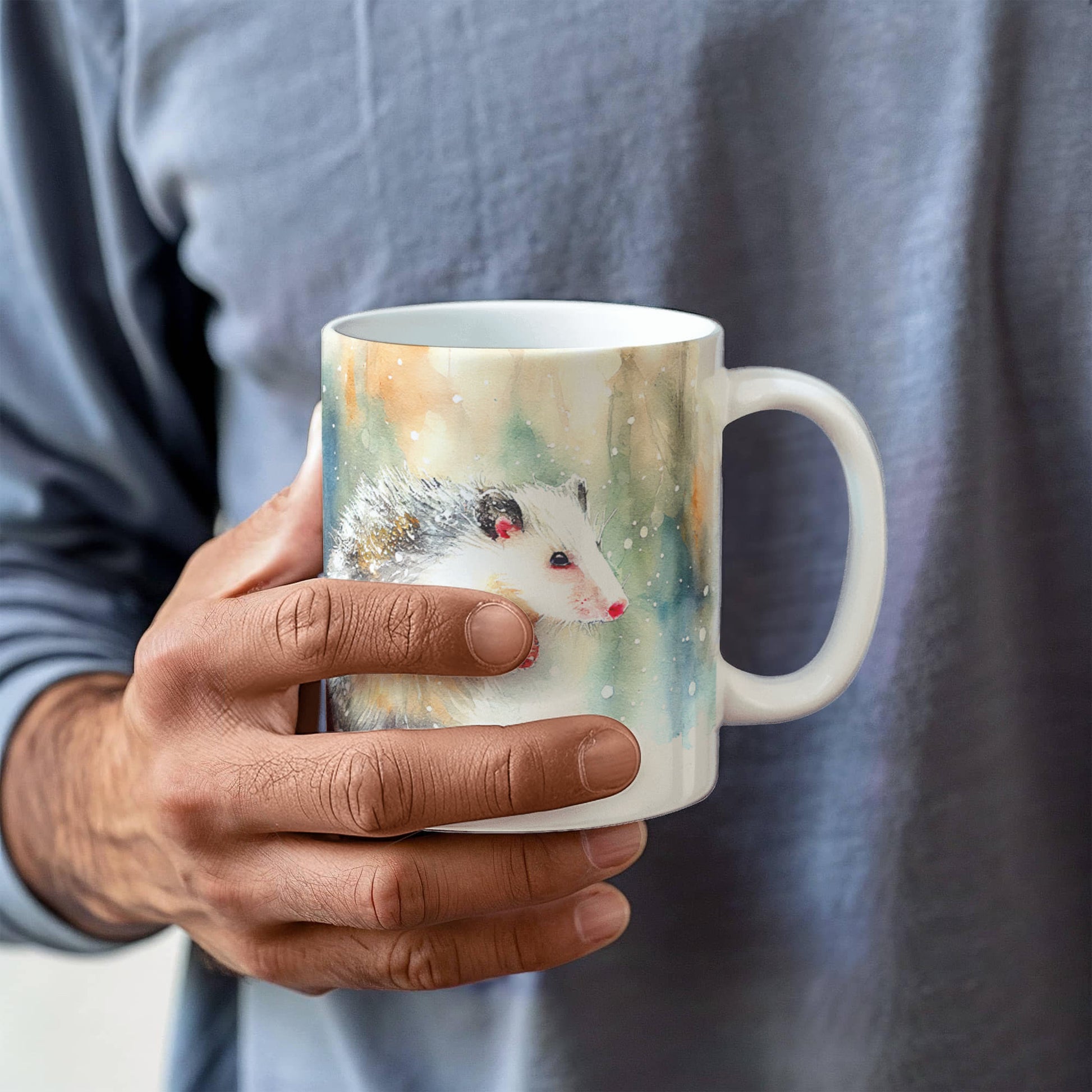 Opossum Coffee Mug – White Ceramic Mug with Possum Winter Watercolor Design | 11oz & 15oz Sizes - Mallard Moon Gift Shop