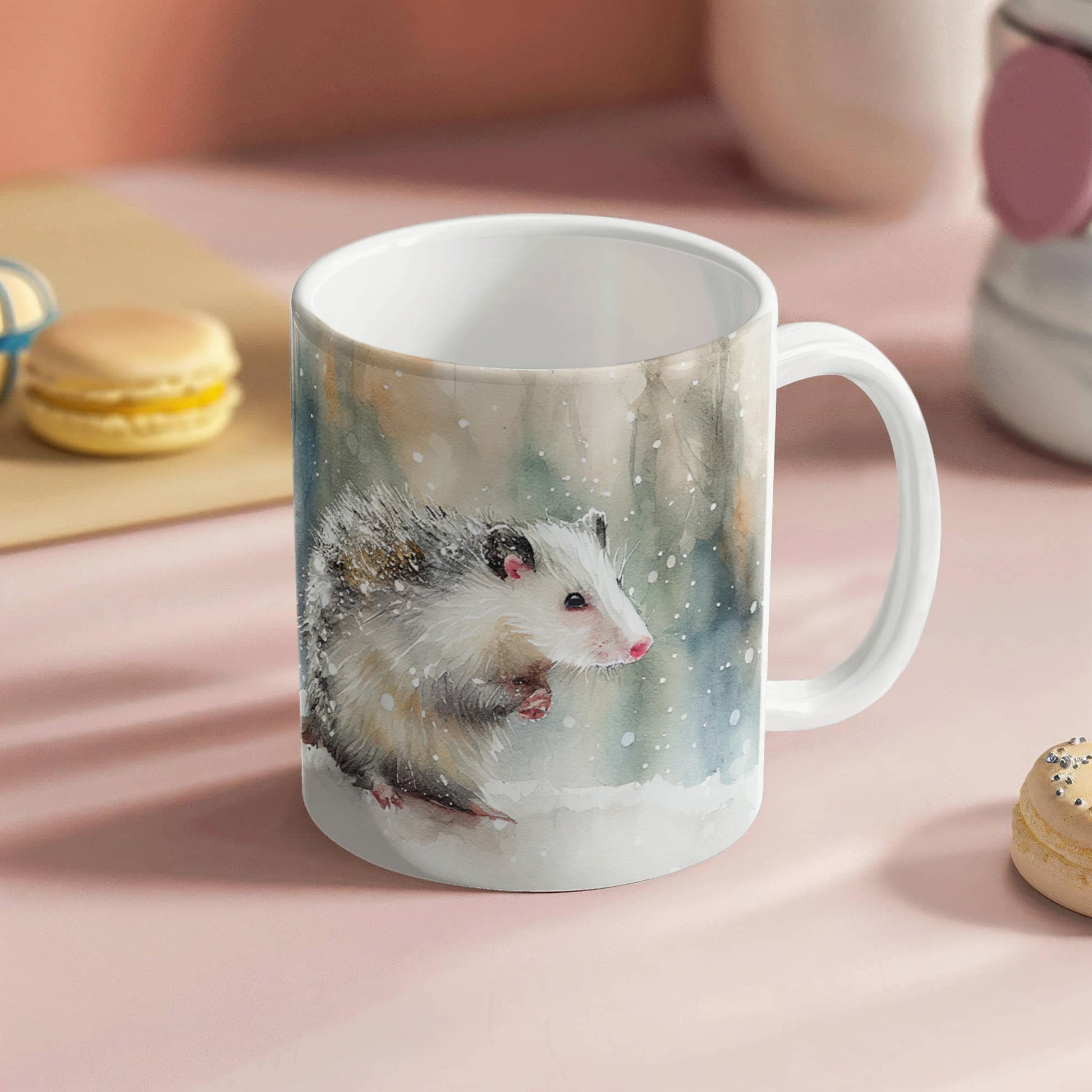 Opossum Coffee Mug – White Ceramic Mug with Possum Winter Watercolor Design | 11oz & 15oz Sizes - Mallard Moon Gift Shop
