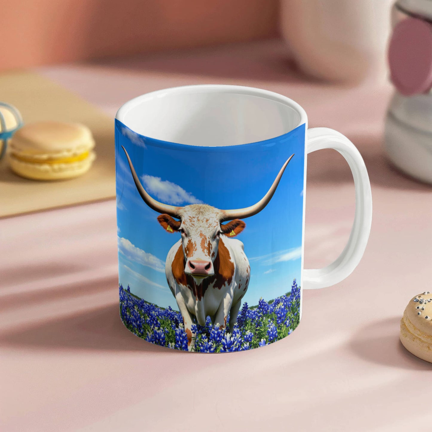 Texas Longhorn in Bluebonnet Field Ceramic Mug – 11oz & 15oz Coffee Cup - Western, Ranch, and Texan Pride - Mallard Moon Gift Shop