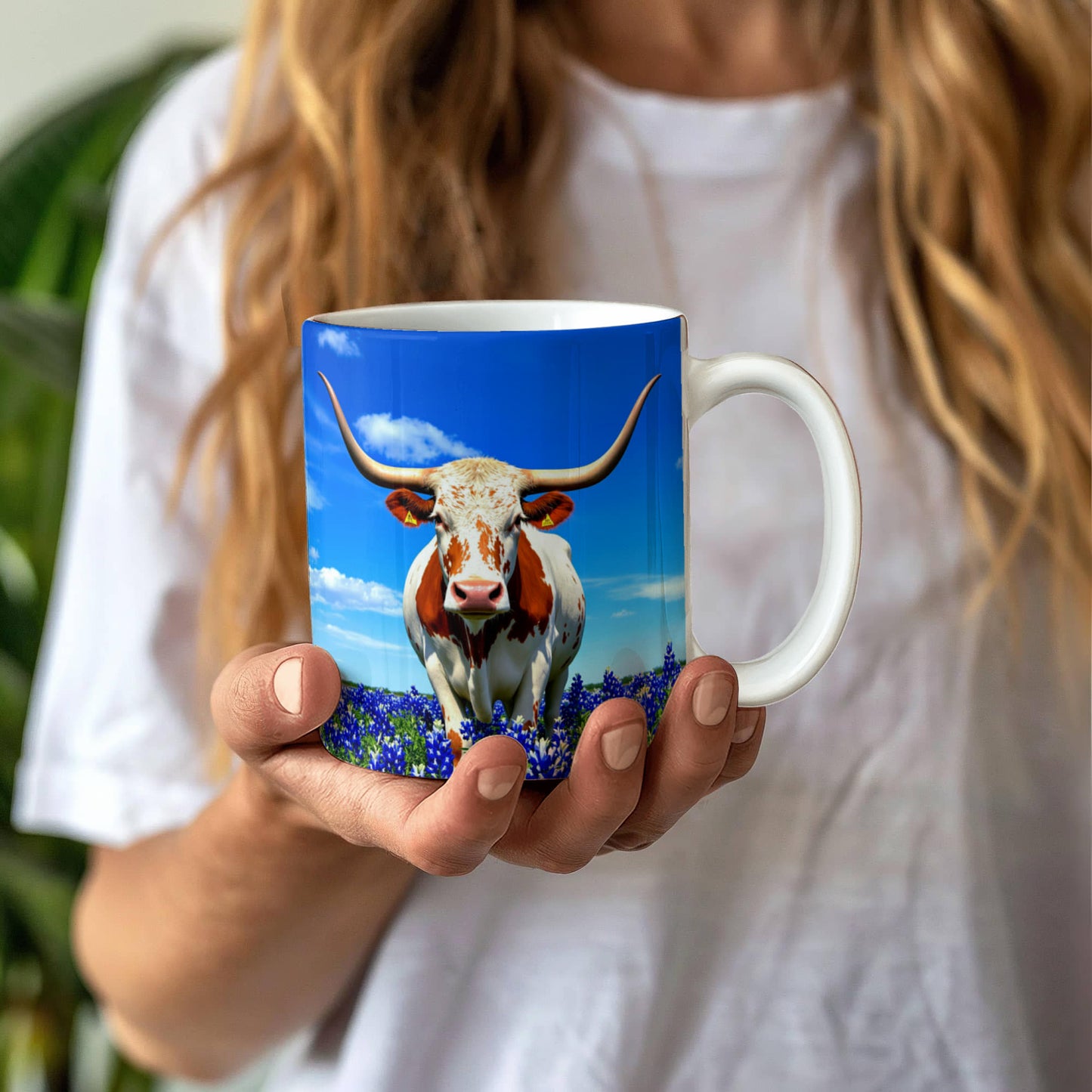 Texas Longhorn in Bluebonnet Field Ceramic Mug – 11oz & 15oz Coffee Cup - Western, Ranch, and Texan Pride - Mallard Moon Gift Shop