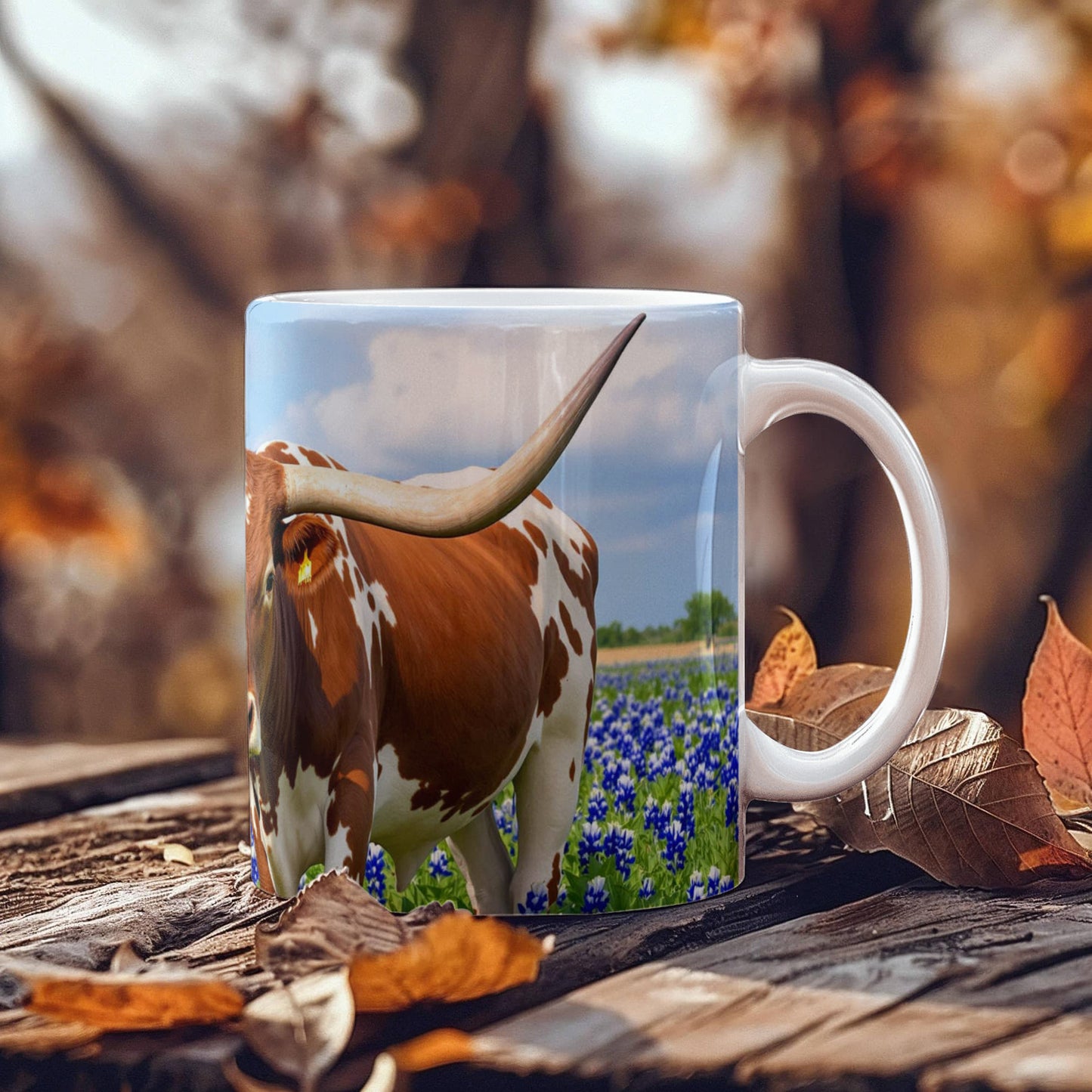 Texas Longhorn in Bluebonnets Ceramic Mug – 11oz & 15oz Coffee Cup for Western & Texas Pride Lovers - Mallard Moon Gift Shop