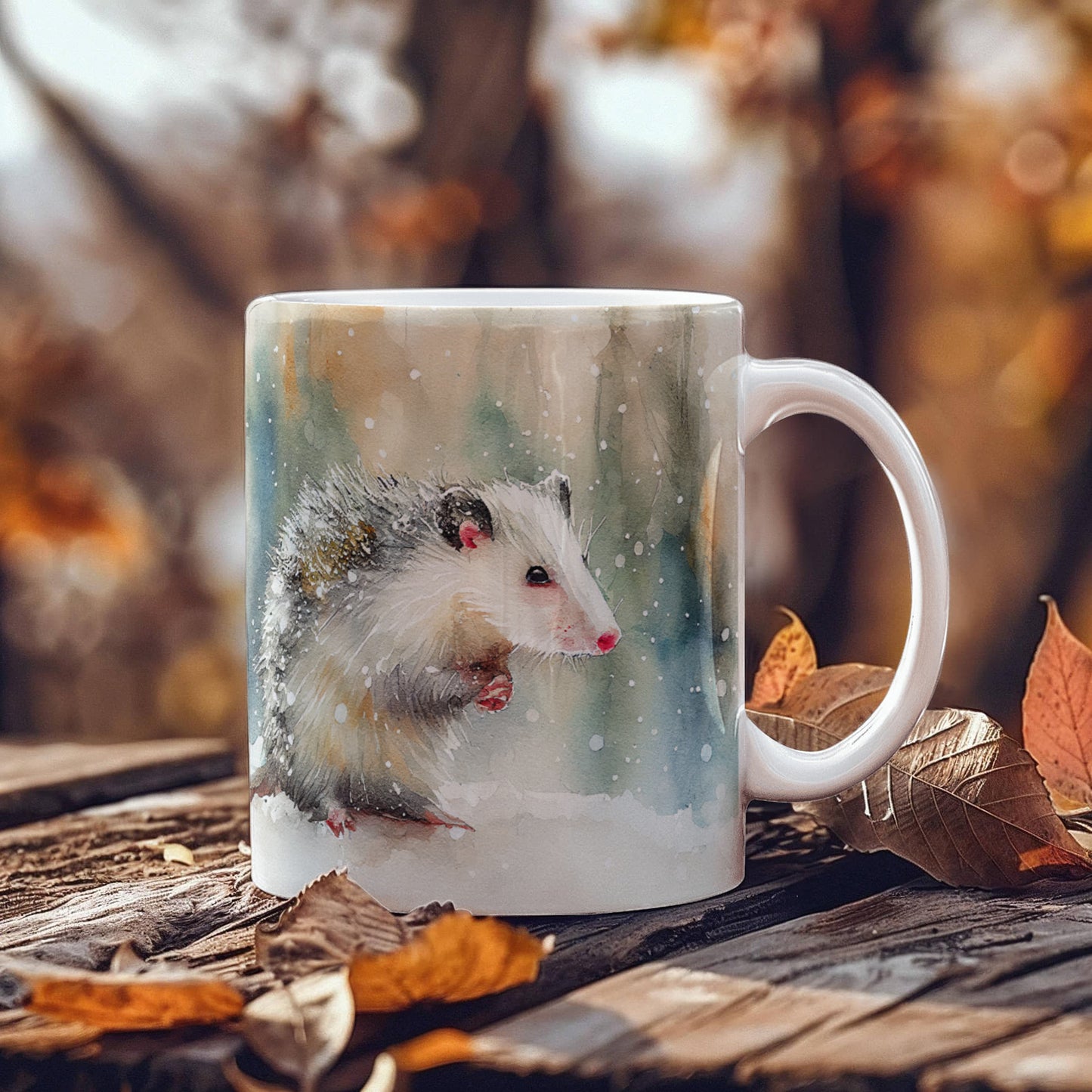 Opossum Coffee Mug – White Ceramic Mug with Possum Winter Watercolor Design | 11oz & 15oz Sizes - Mallard Moon Gift Shop