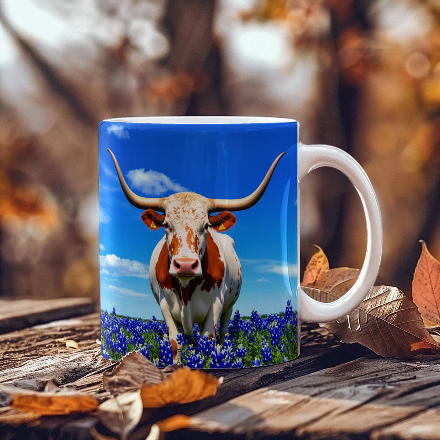 Texas Longhorn in Bluebonnet Field Ceramic Mug – 11oz & 15oz Coffee Cup - Western, Ranch, and Texan Pride - Mallard Moon Gift Shop