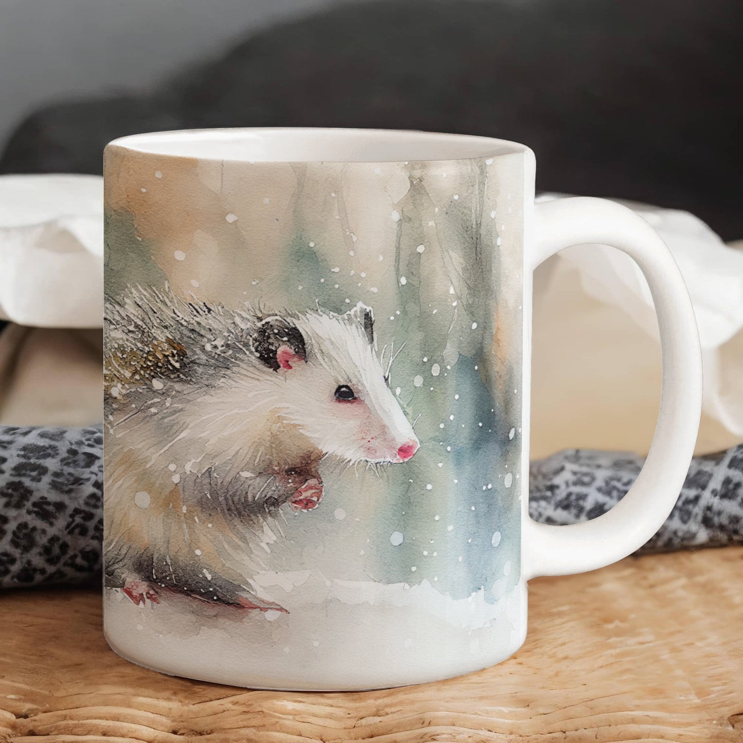 Opossum Coffee Mug – White Ceramic Mug with Possum Winter Watercolor Design | 11oz & 15oz Sizes - Mallard Moon Gift Shop