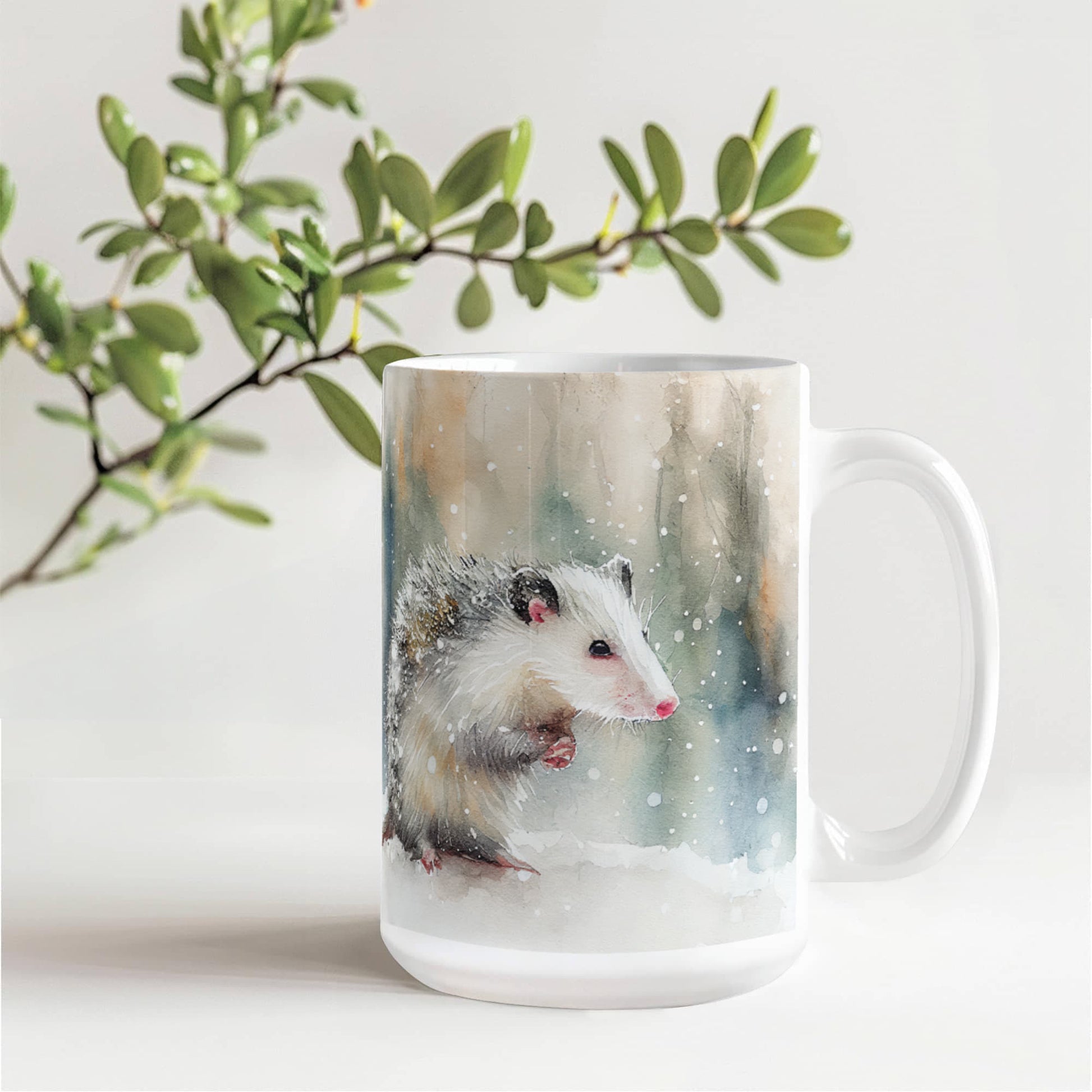 Opossum Coffee Mug – White Ceramic Mug with Possum Winter Watercolor Design | 11oz & 15oz Sizes - Mallard Moon Gift Shop
