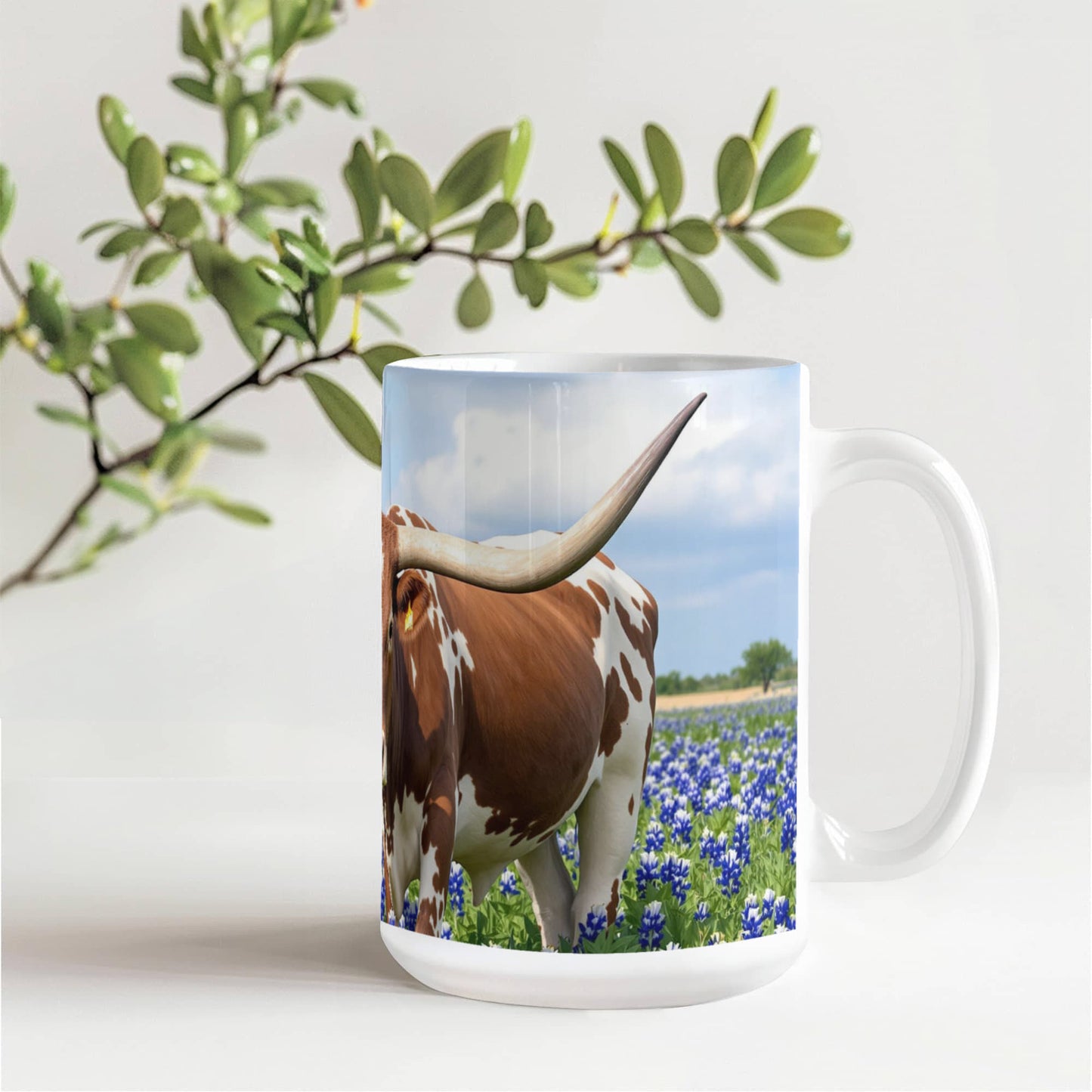 Texas Longhorn in Bluebonnets Ceramic Mug – 11oz & 15oz Coffee Cup for Western & Texas Pride Lovers - Mallard Moon Gift Shop