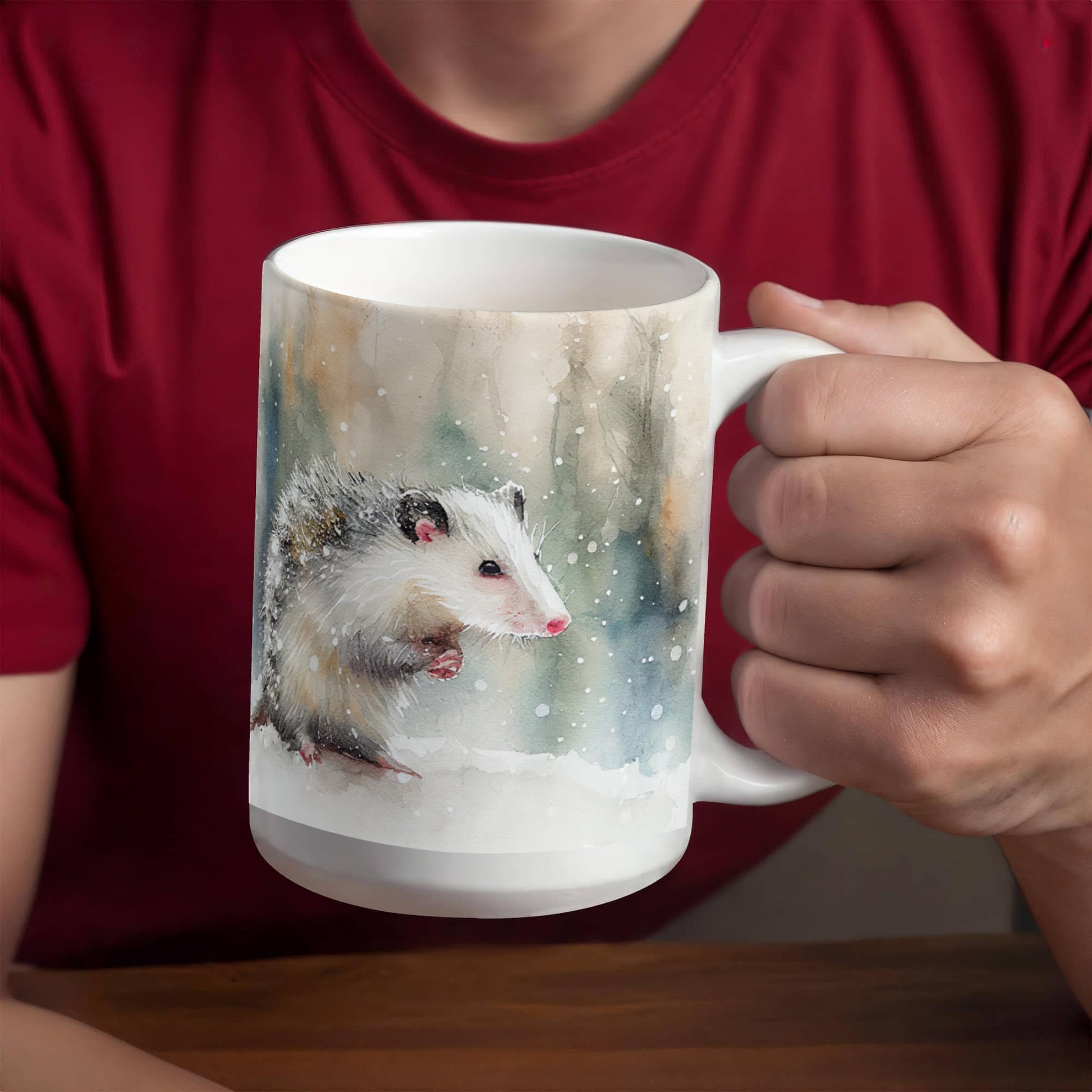 Opossum Coffee Mug – White Ceramic Mug with Possum Winter Watercolor Design | 11oz & 15oz Sizes - Mallard Moon Gift Shop