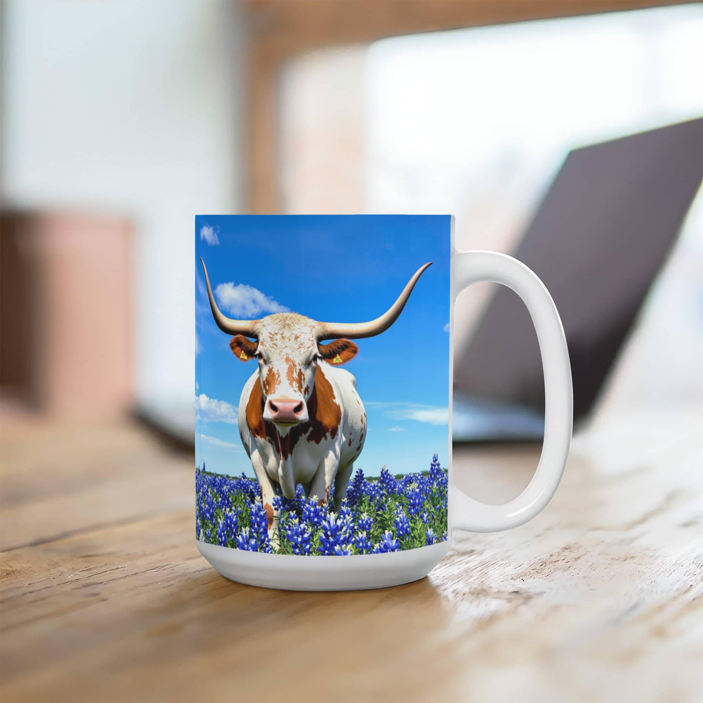 Texas Longhorn in Bluebonnet Field Ceramic Mug – 11oz & 15oz Coffee Cup - Western, Ranch, and Texan Pride - Mallard Moon Gift Shop