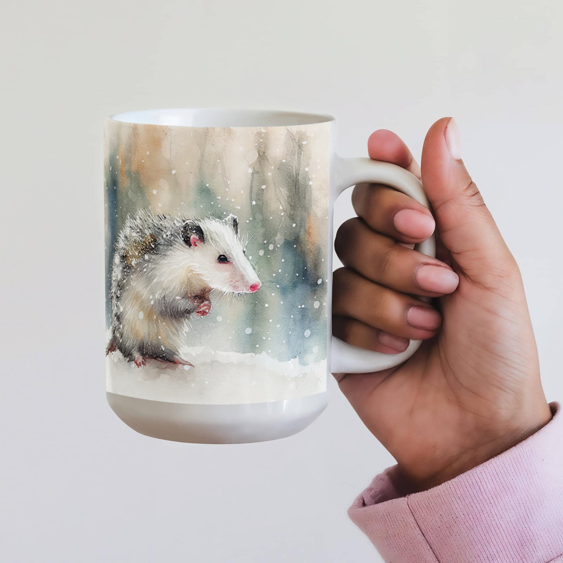 Opossum Coffee Mug – White Ceramic Mug with Possum Winter Watercolor Design | 11oz & 15oz Sizes - Mallard Moon Gift Shop
