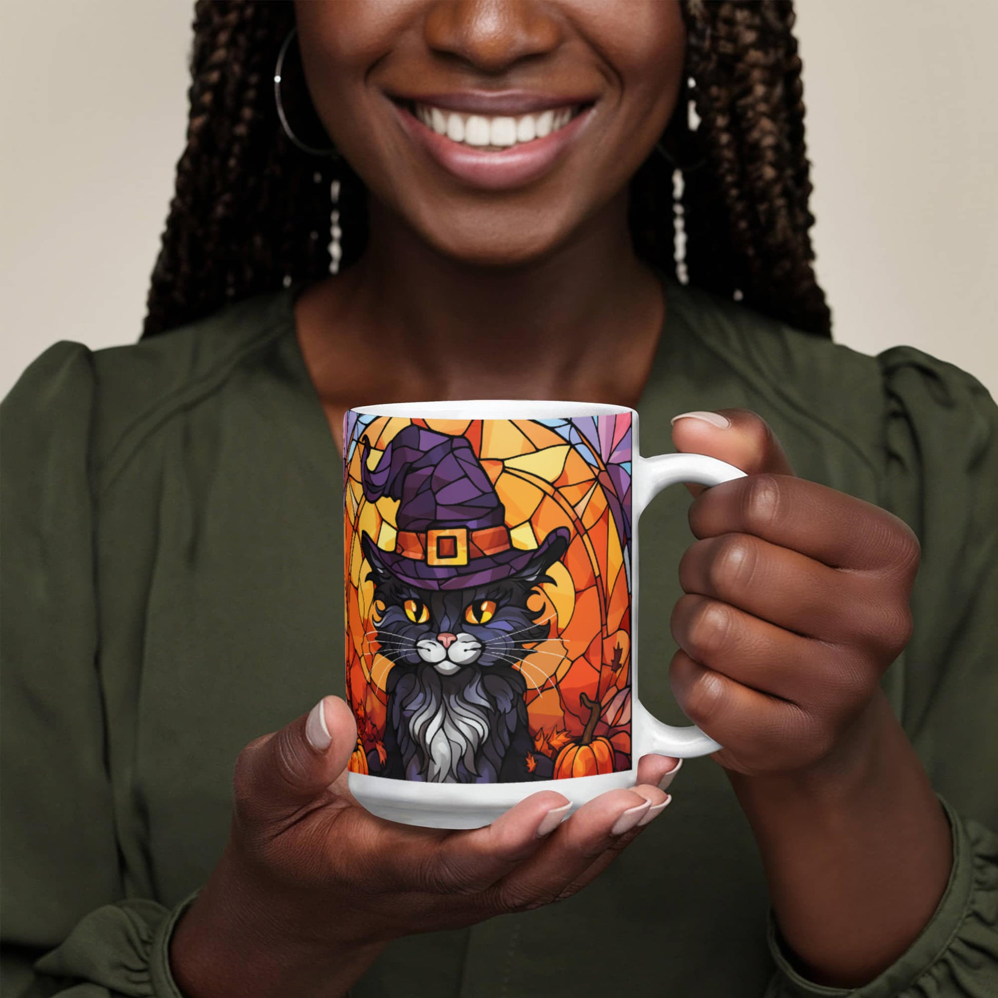 Halloween Black Cat Witch Stained Glass Mug – Spooky Fall Coffee Cup for Cat Lovers | Mallard Moon Gift Shop - Mallard Moon