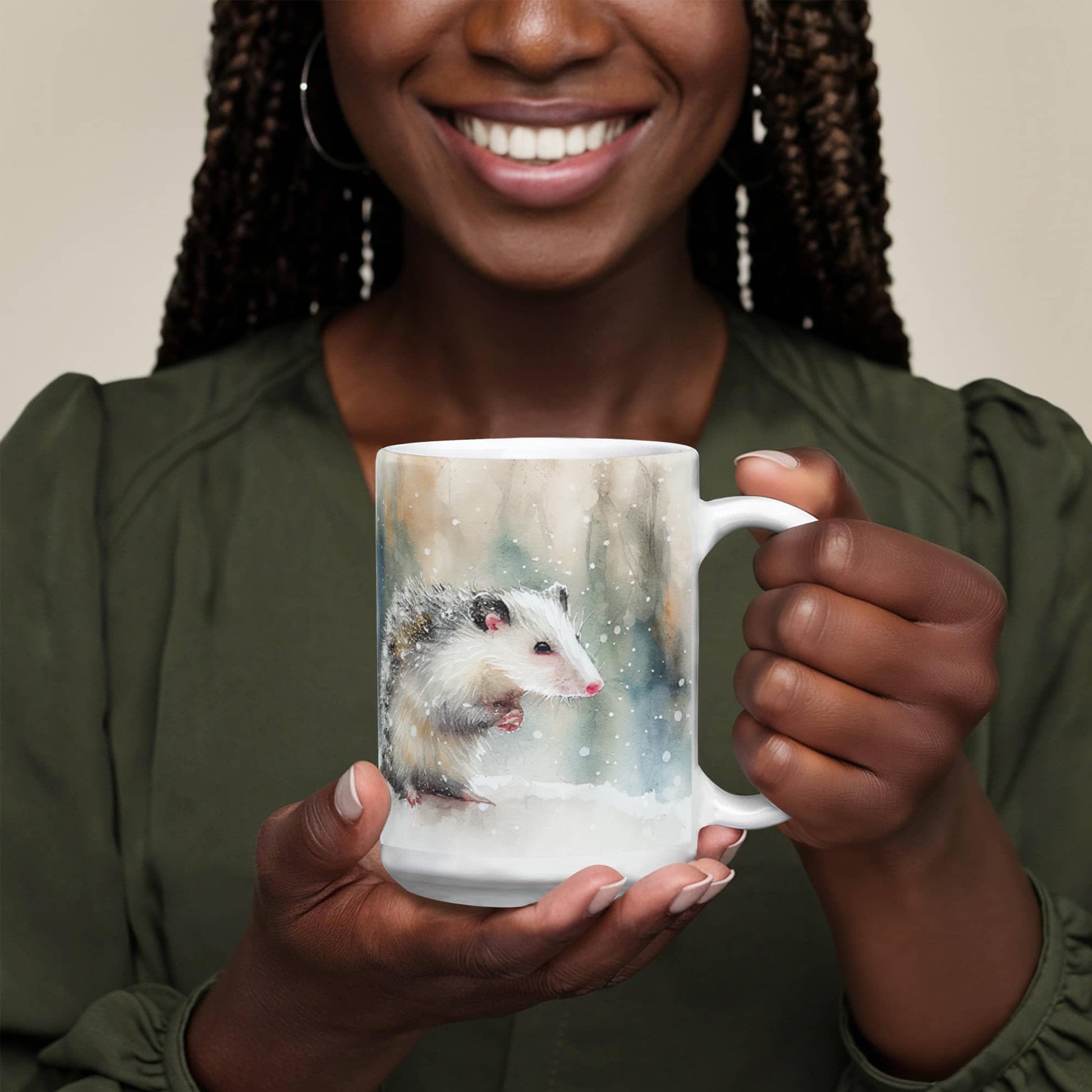 Opossum Coffee Mug – White Ceramic Mug with Possum Winter Watercolor Design | 11oz & 15oz Sizes - Mallard Moon Gift Shop