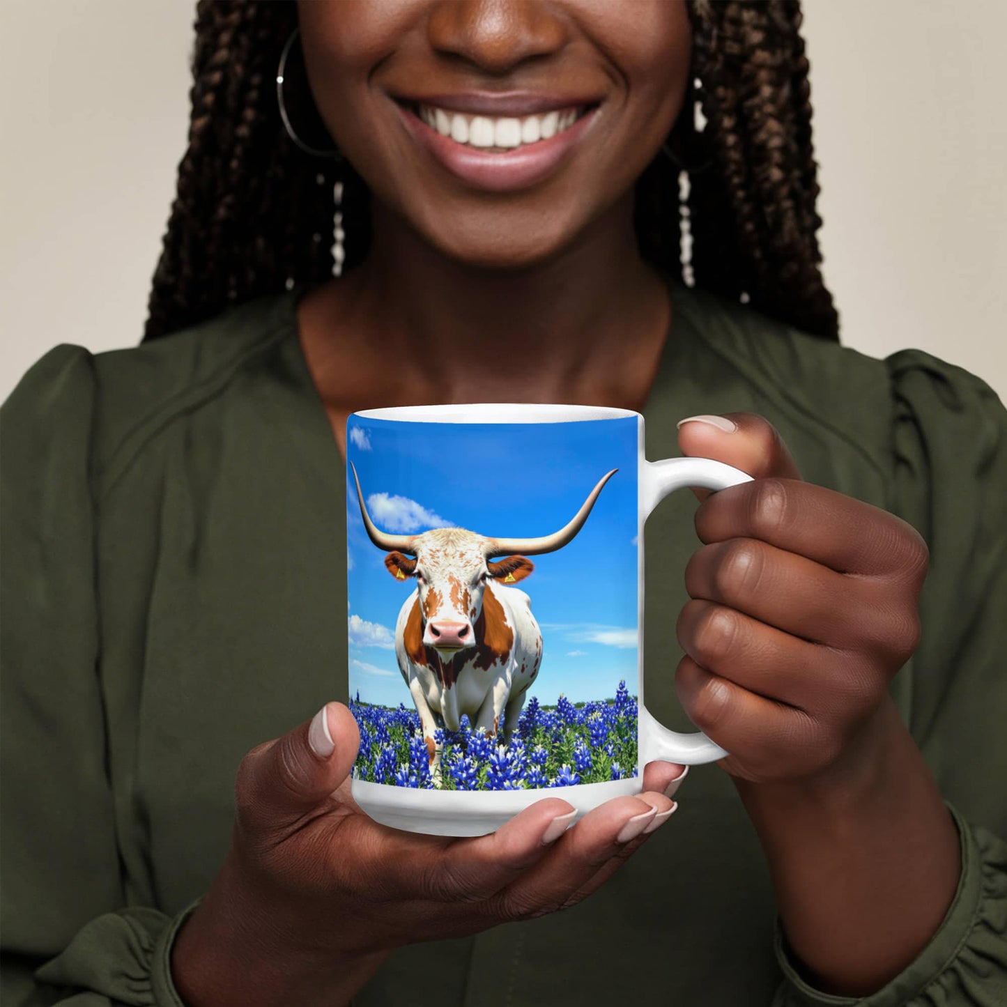 Texas Longhorn in Bluebonnet Field Ceramic Mug – 11oz & 15oz Coffee Cup - Western, Ranch, and Texan Pride - Mallard Moon Gift Shop