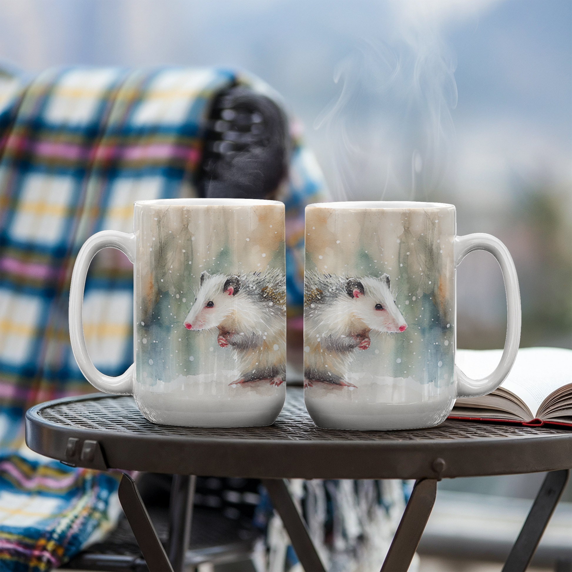Opossum Coffee Mug – White Ceramic Mug with Possum Winter Watercolor Design | 11oz & 15oz Sizes - Mallard Moon Gift Shop