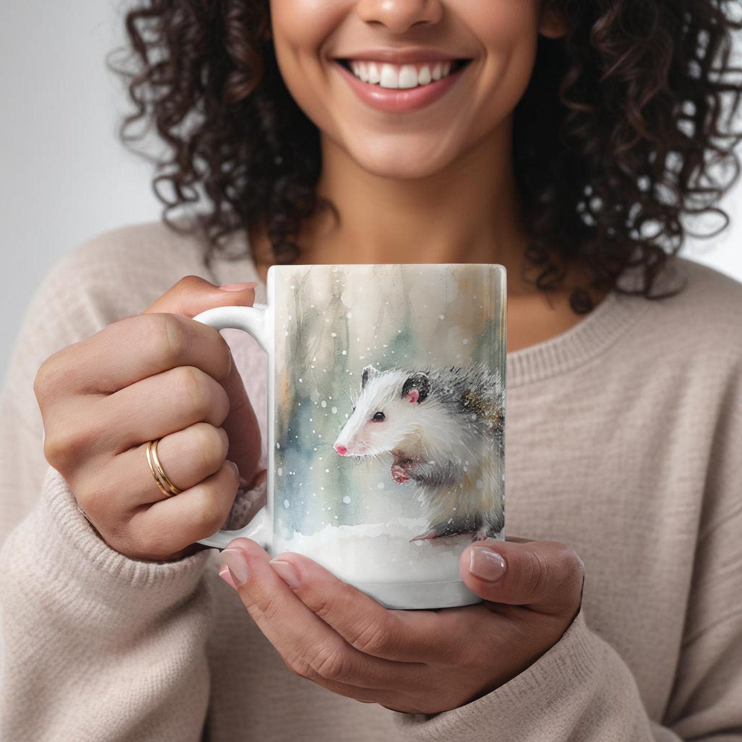 Opossum Coffee Mug – White Ceramic Mug with Possum Winter Watercolor Design | 11oz & 15oz Sizes - Mallard Moon Gift Shop