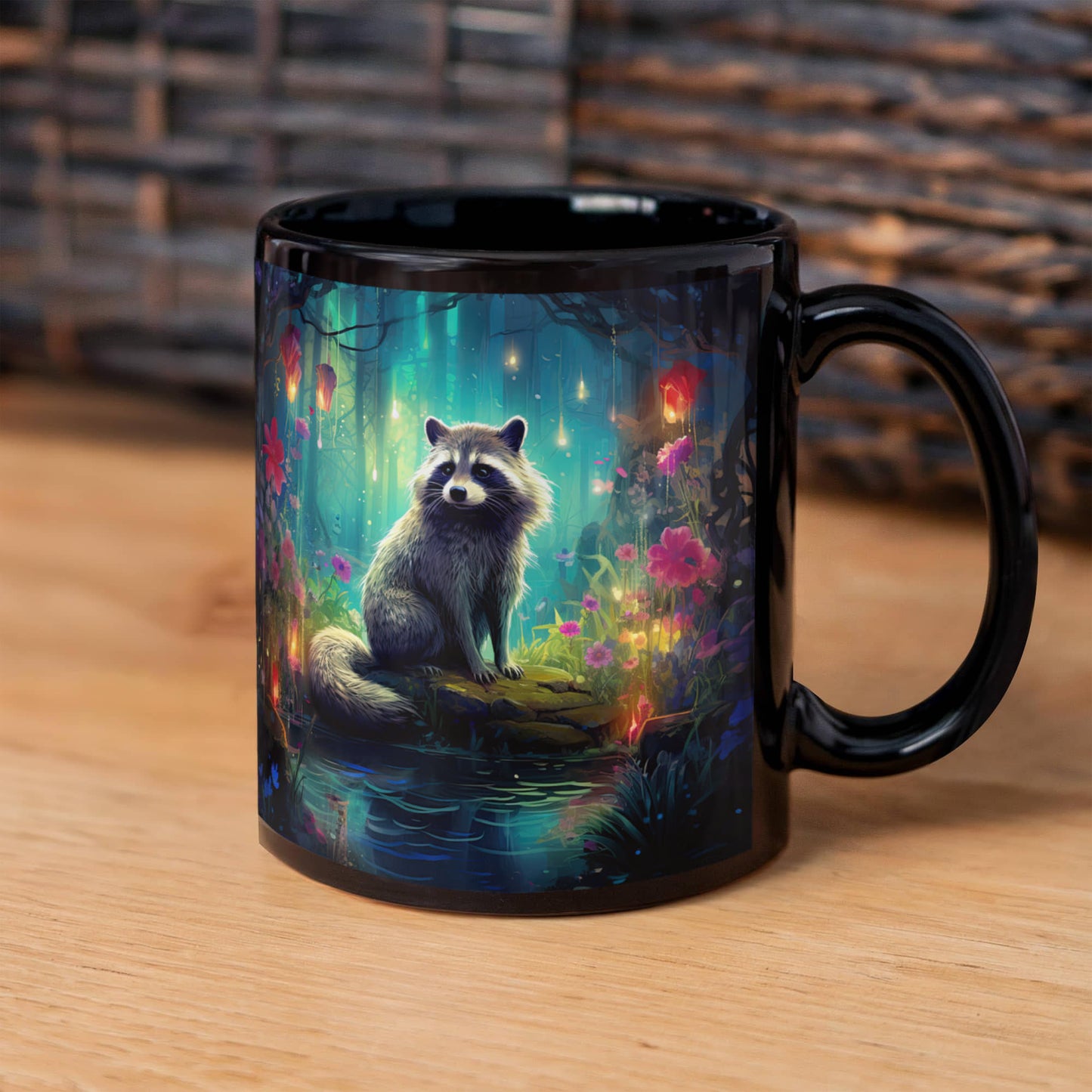 Enchanted Raccoon Black Coffee Mug – Fantasy Forest Animal Design | 11oz & 15oz Ceramic Mug - Mallard Moon Gift Shop