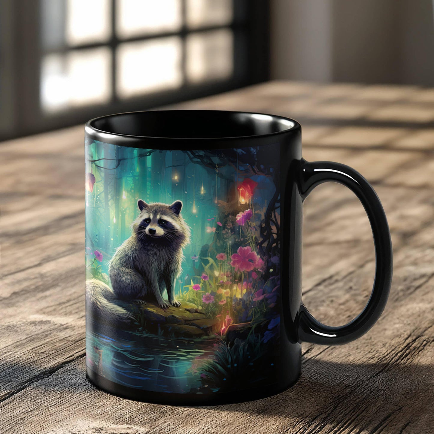 Enchanted Raccoon Black Coffee Mug – Fantasy Forest Animal Design | 11oz & 15oz Ceramic Mug - Mallard Moon Gift Shop