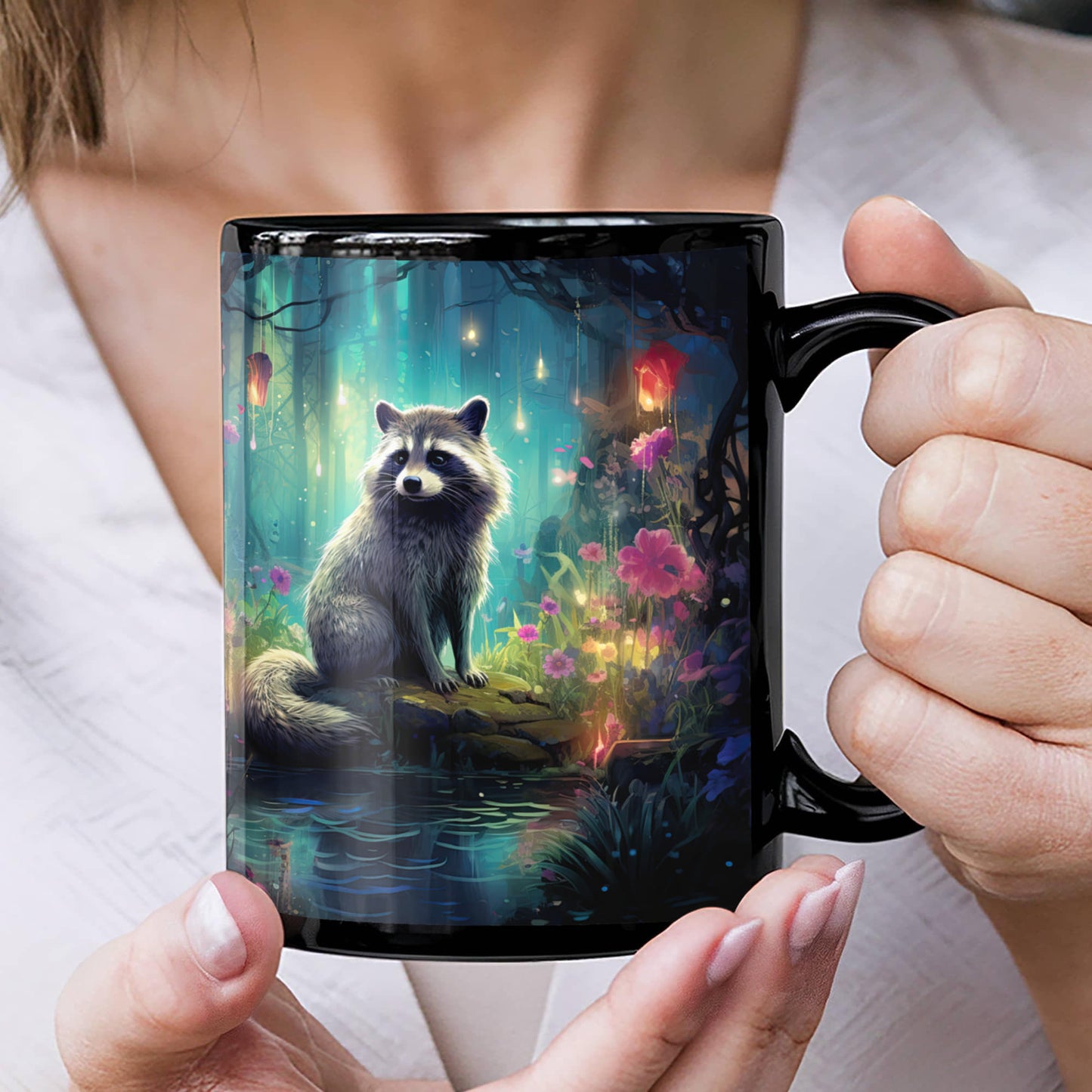 Enchanted Raccoon Black Coffee Mug – Fantasy Forest Animal Design | 11oz & 15oz Ceramic Mug - Mallard Moon Gift Shop