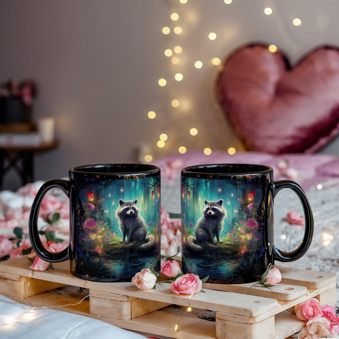 Enchanted Raccoon Black Coffee Mug – Fantasy Forest Animal Design | 11oz & 15oz Ceramic Mug - Mallard Moon Gift Shop