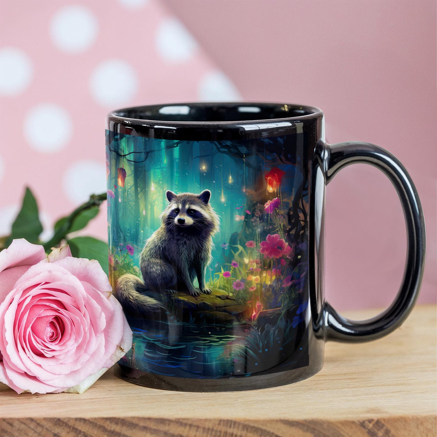 Enchanted Raccoon Black Coffee Mug – Fantasy Forest Animal Design | 11oz & 15oz Ceramic Mug - Mallard Moon Gift Shop