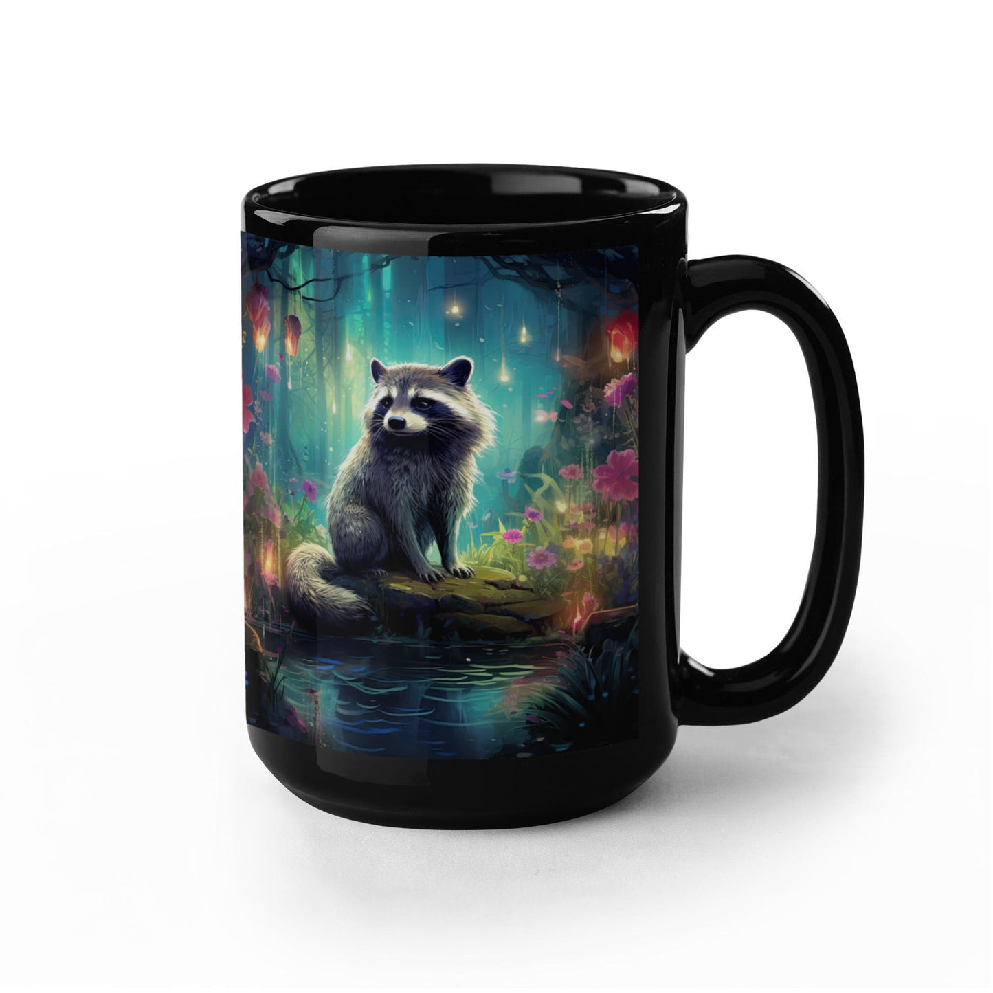 Enchanted Raccoon Black Coffee Mug – Fantasy Forest Animal Design | 11oz & 15oz Ceramic Mug - Mallard Moon Gift Shop